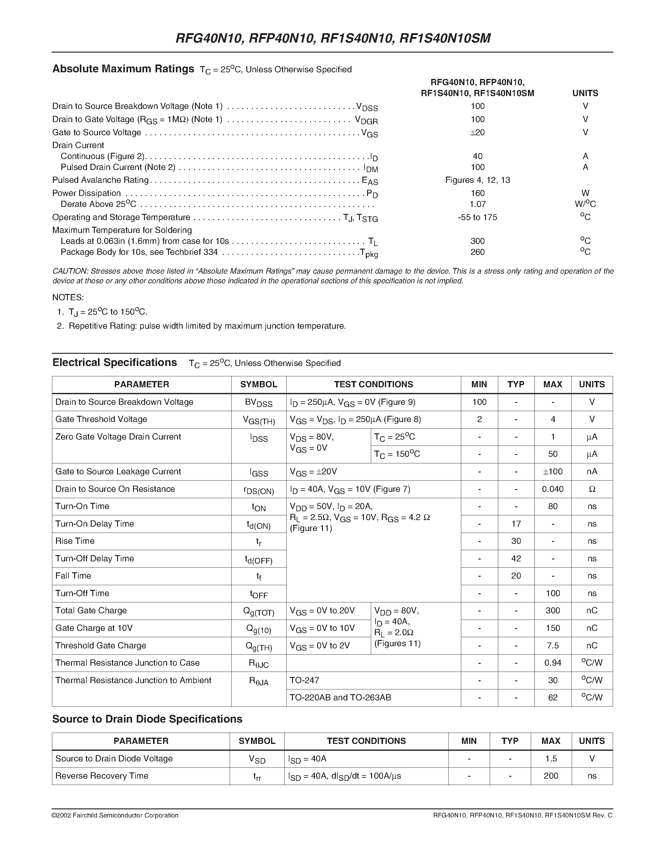 Datasheet RF1S40N10 - 40A/ 100V/ 0.040 Ohm/ N-Channel Power MOSFETs page 2