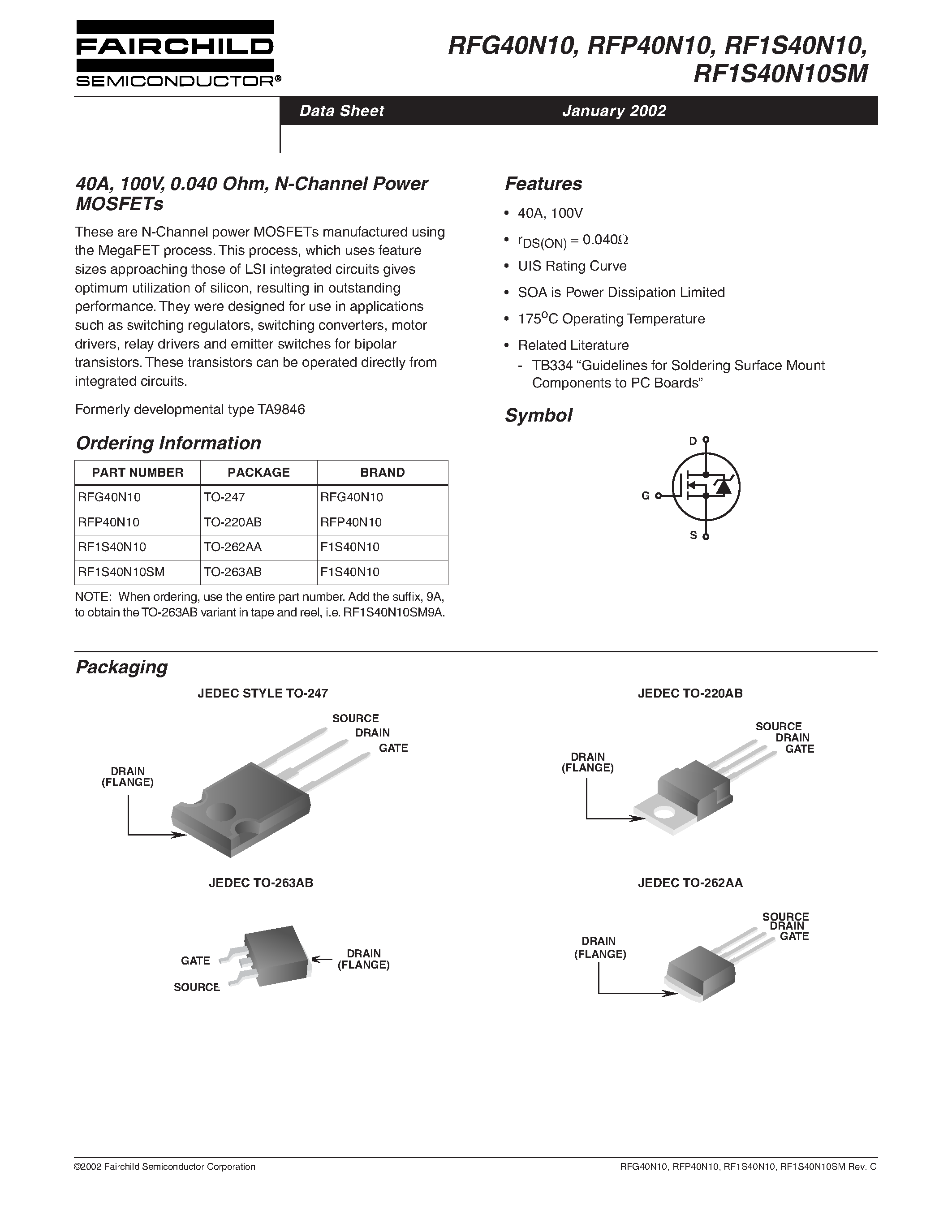 Datasheet RF1S40N10SM - 40A/ 100V/ 0.040 Ohm/ N-Channel Power MOSFETs page 1