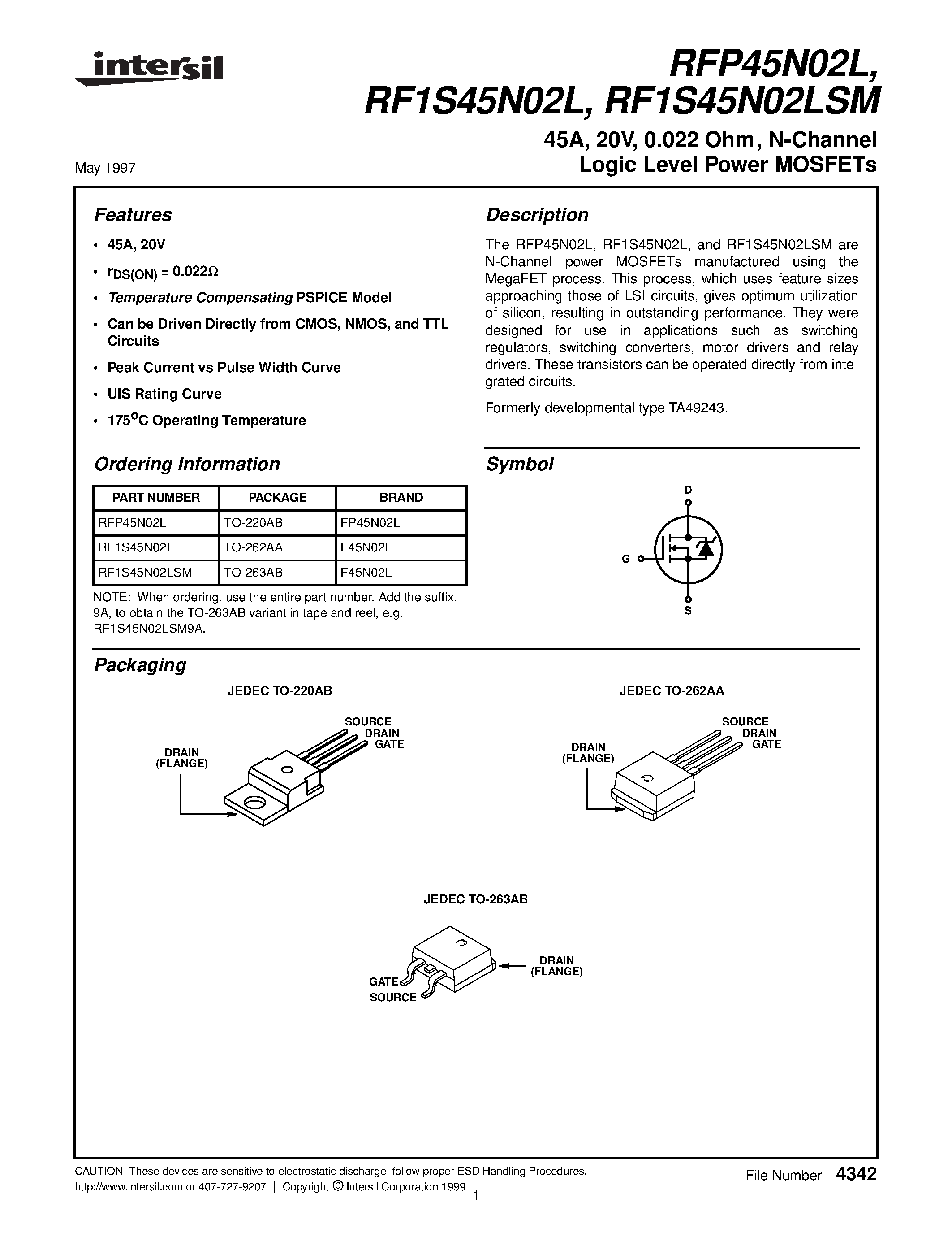 Datasheet RF1S45N02LSM - 45A/ 20V/ 0.022 Ohm/ N-Channel Logic Level Power MOSFETs page 1