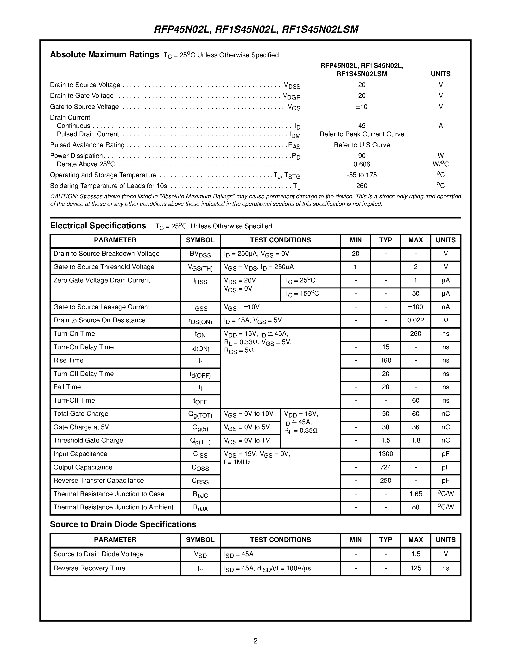 Datasheet RF1S45N02LSM - 45A/ 20V/ 0.022 Ohm/ N-Channel Logic Level Power MOSFETs page 2