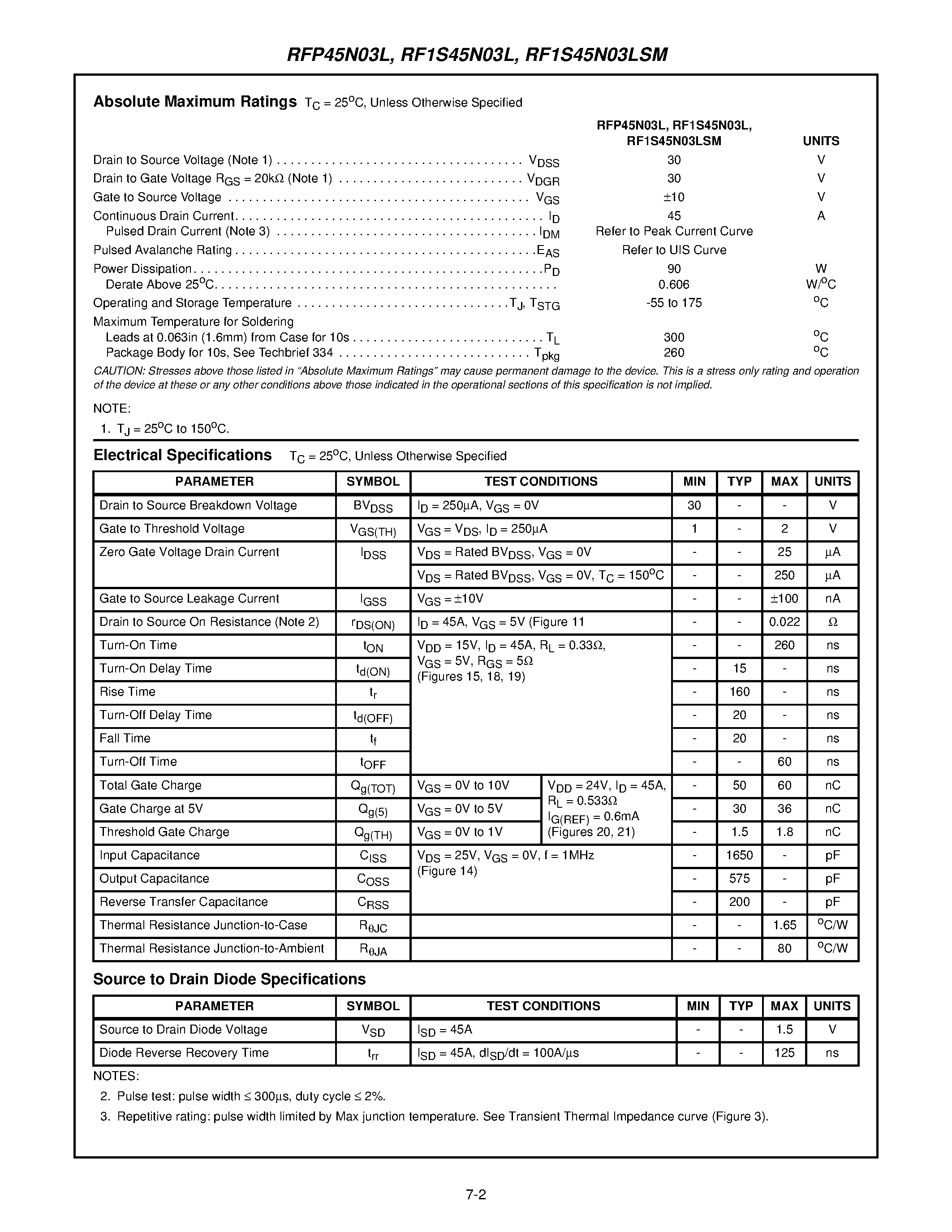 Datasheet RF1S45N03L - 45A/ 30V/ 0.022 Ohm/ Logic Level/ N-Channel Power MOSFETs page 2