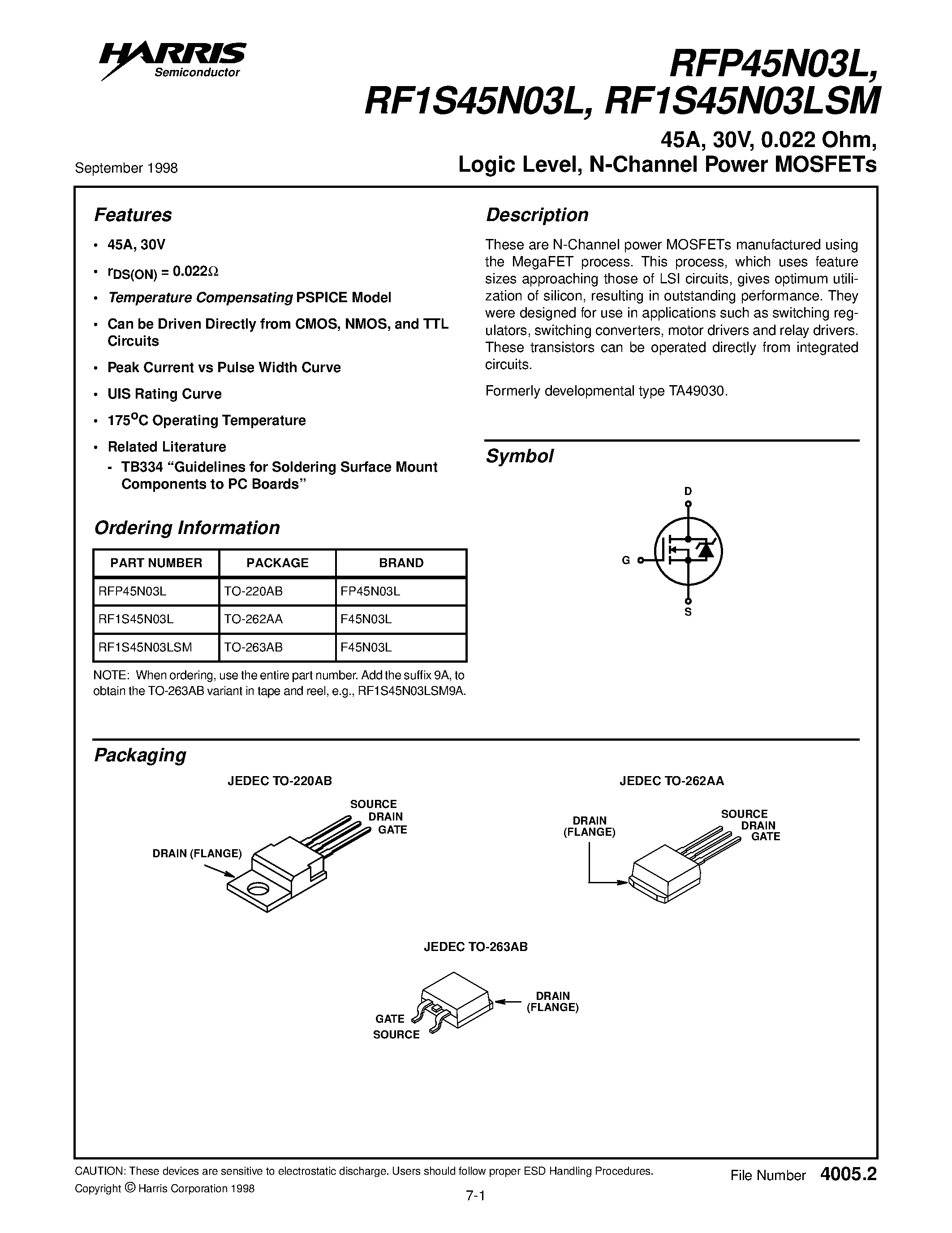 Datasheet RF1S45N03LSM - 45A/ 30V/ 0.022 Ohm/ Logic Level/ N-Channel Power MOSFETs page 1