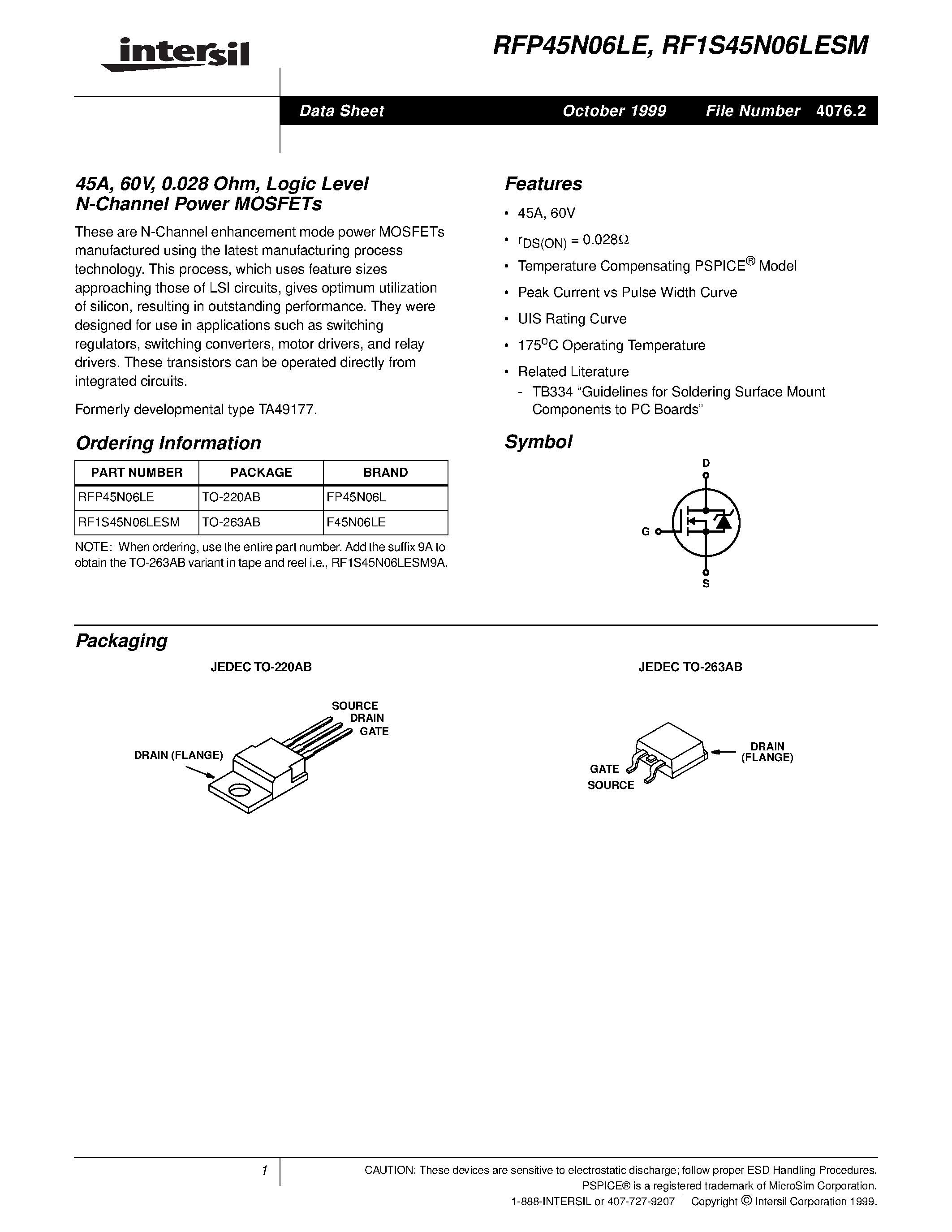 Datasheet RF1S45N06LESM page 1 Datasheet RF1S45N06LESM - 45A/ 60V/ 0.028 Ohm/ Logic Level N-Channel Power MOSFETs page 1
