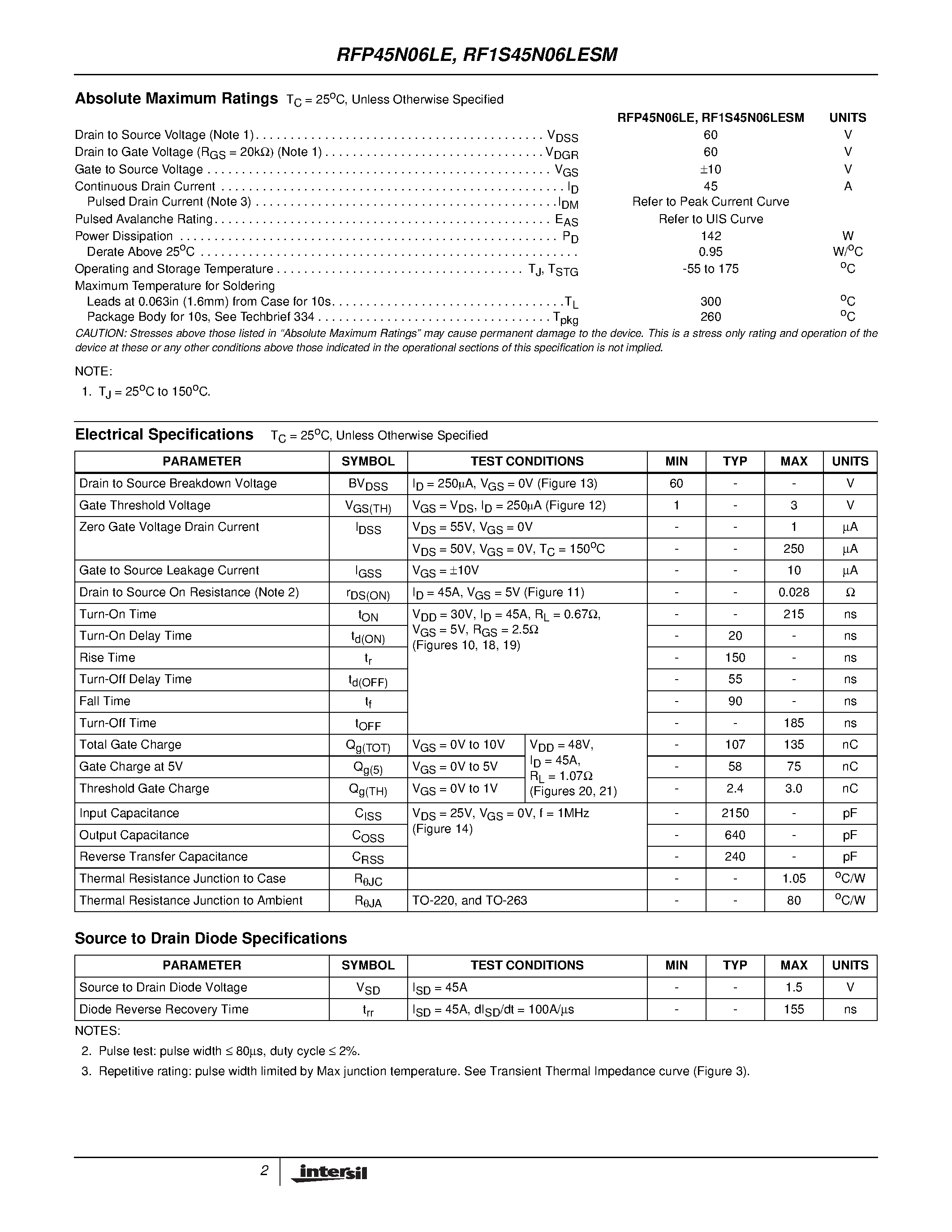 Datasheet RF1S45N06LESM page 2 Datasheet RF1S45N06LESM - 45A/ 60V/ 0.028 Ohm/ Logic Level N-Channel Power MOSFETs page 2