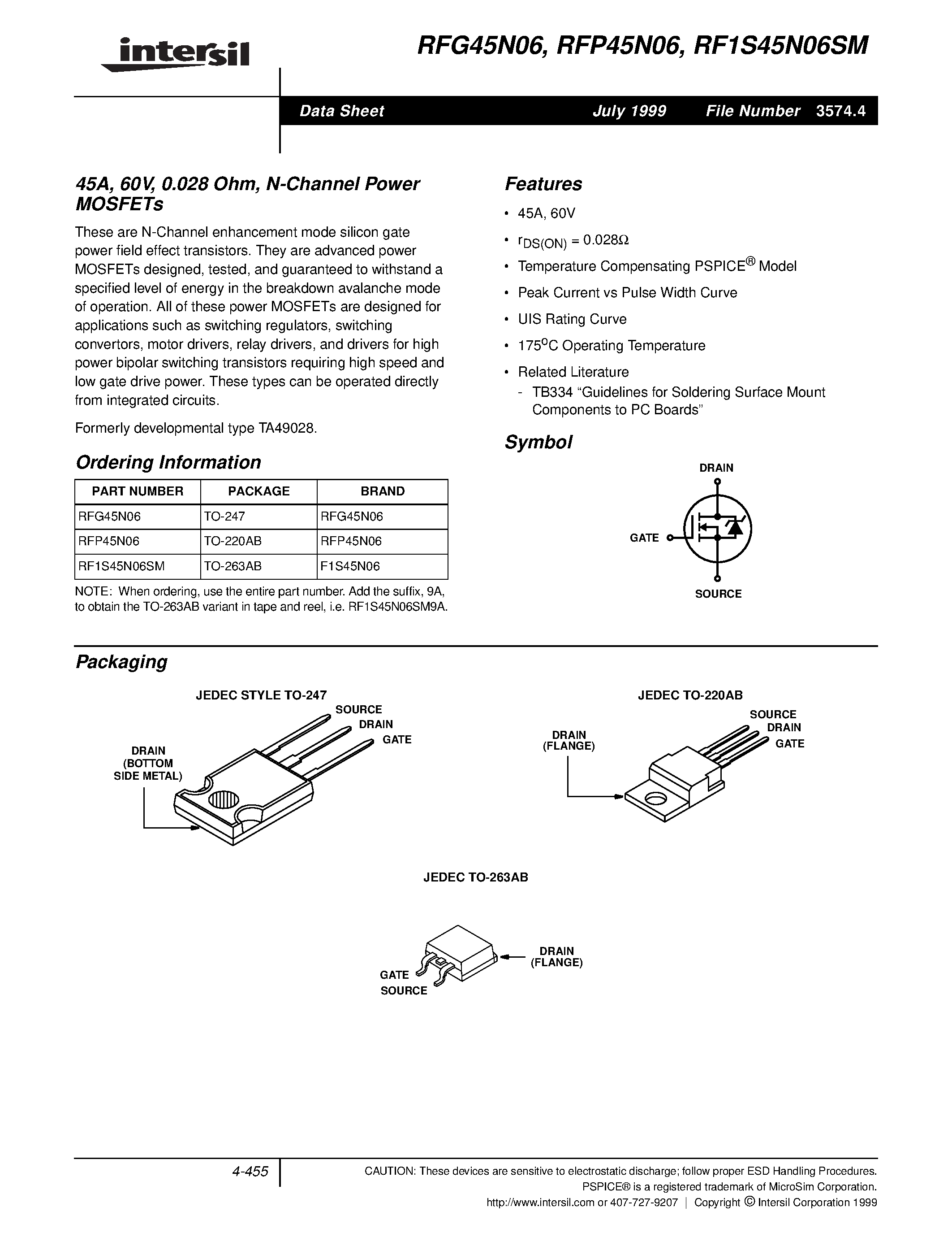 Datasheet RF1S45N06SM page 1 Datasheet RF1S45N06SM - 45A/ 60V/ 0.028 Ohm/ N-Channel Power MOSFETs page 1