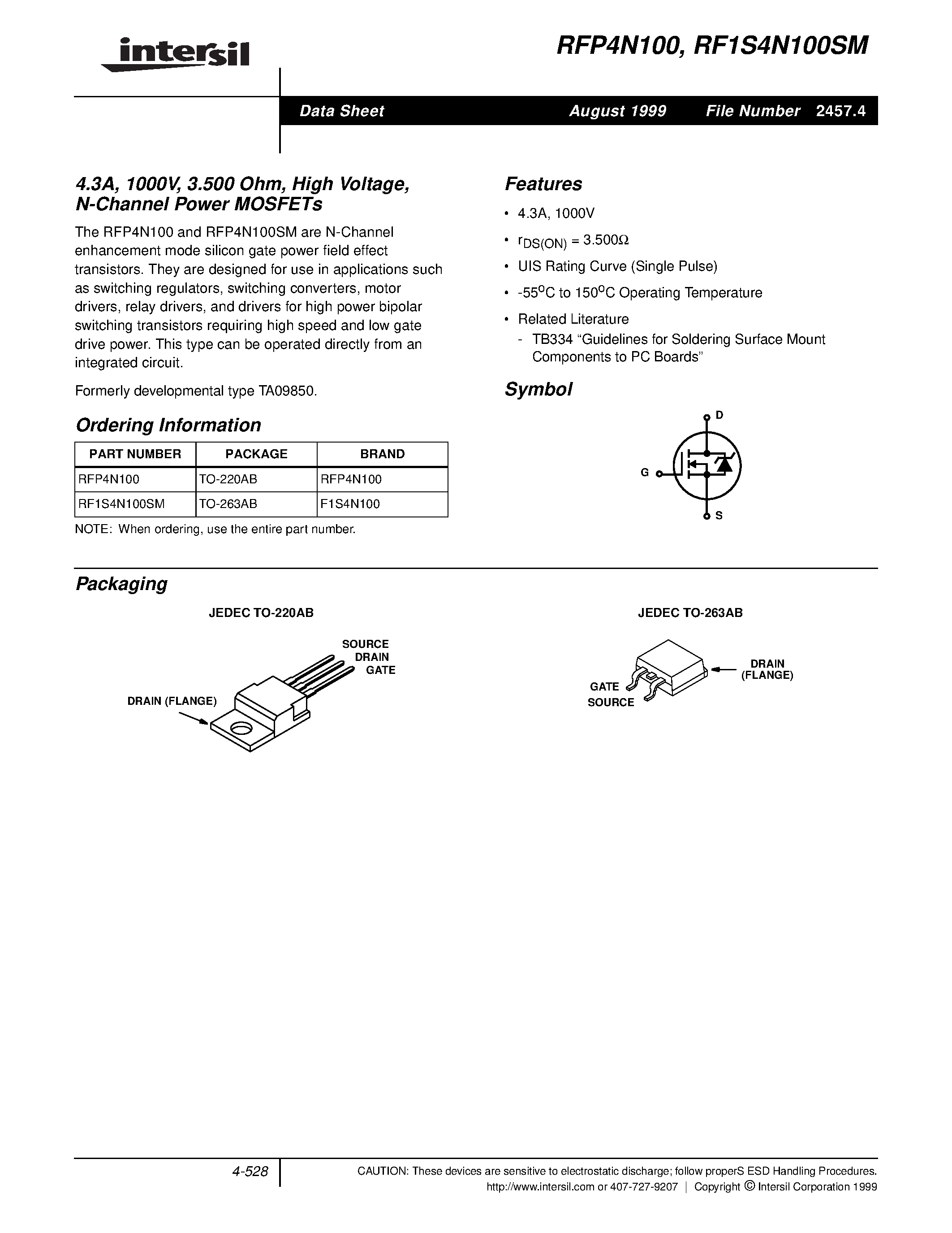 Datasheet RF1S4N100SM - 4.3A/ 1000V/ 3.500 Ohm/ High Voltage/ N-Channel Power MOSFETs page 1