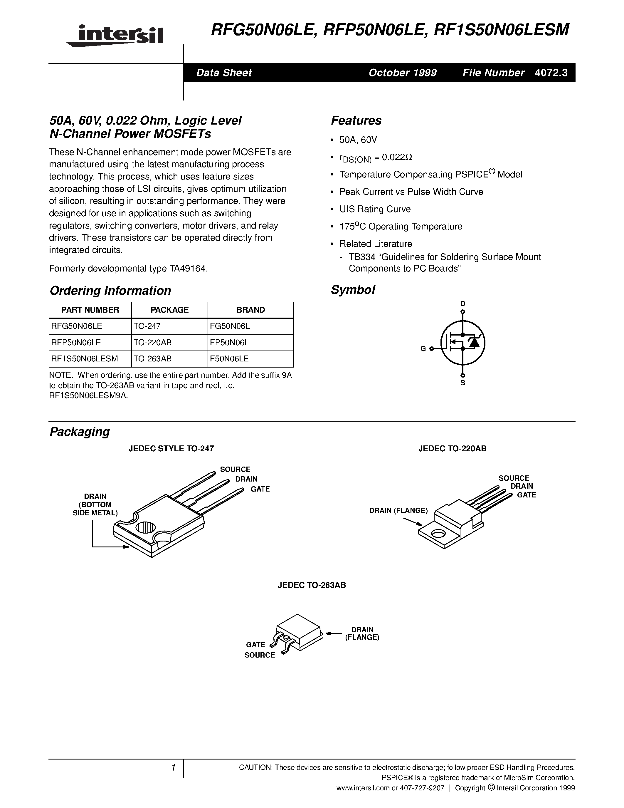 Datasheet RF1S50N06LESM page 1 Datasheet RF1S50N06LESM - 50A/ 60V/ 0.022 Ohm/ Logic Level N-Channel Power MOSFETs page 1