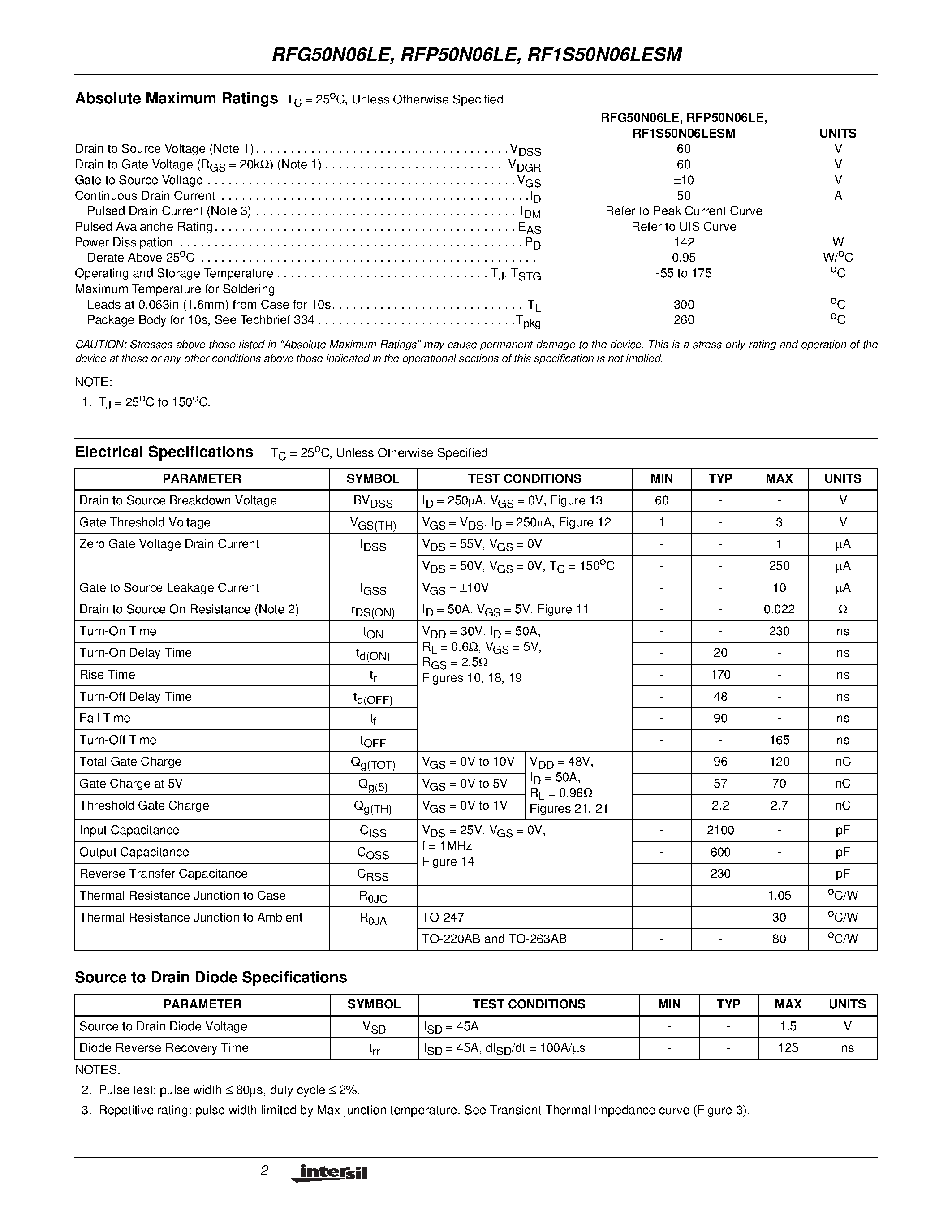 Datasheet RF1S50N06LESM page 2 Datasheet RF1S50N06LESM - 50A/ 60V/ 0.022 Ohm/ Logic Level N-Channel Power MOSFETs page 2