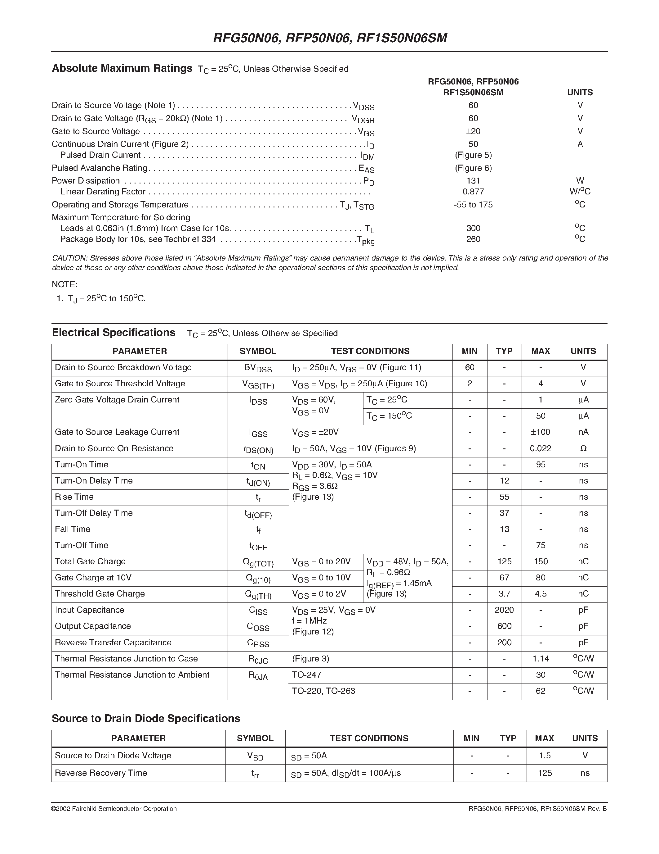 Datasheet RF1S50N06SM - 50A/ 60V/ 0.022 Ohm/ N-Channel Power MOSFETs page 2