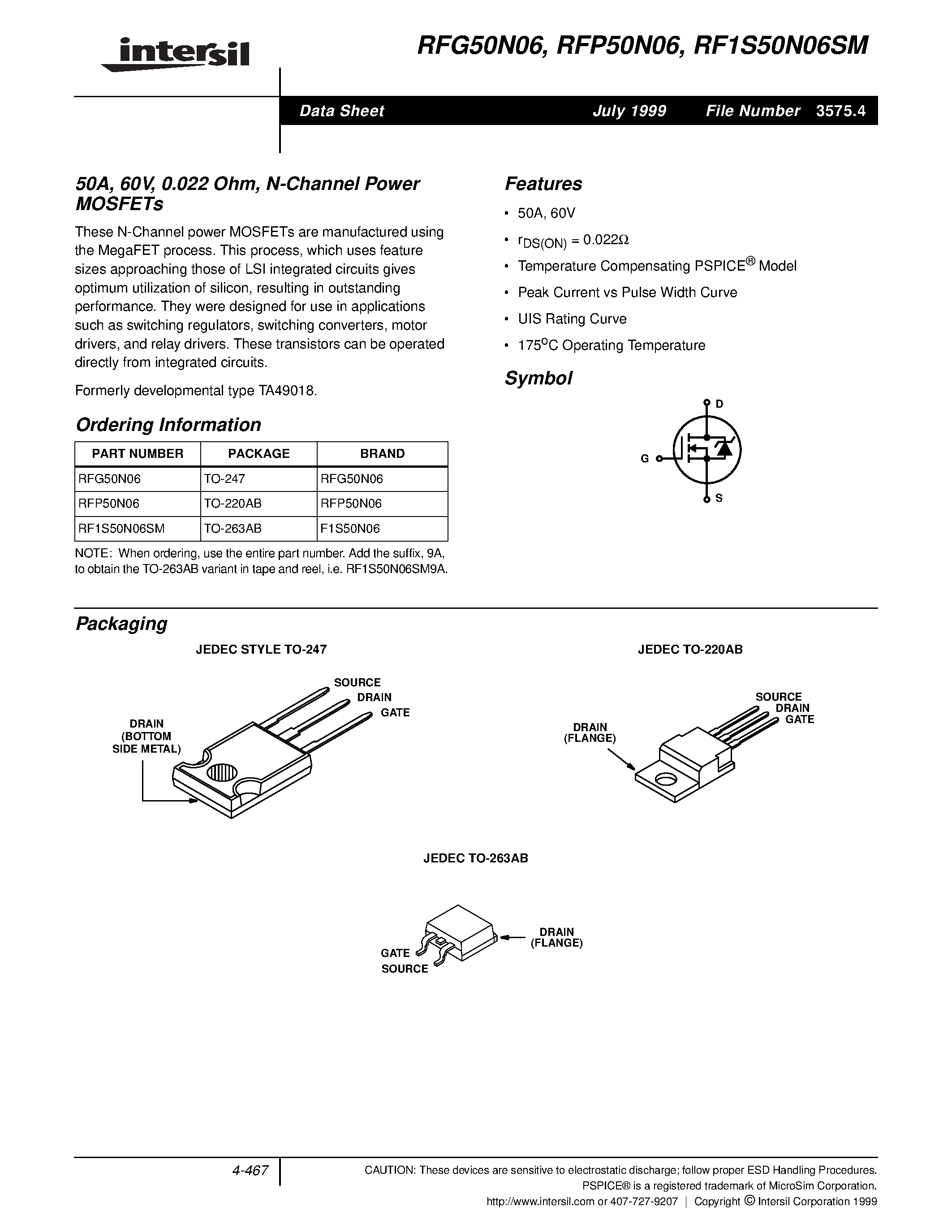 Datasheet RF1S50N06SM page 1 Datasheet RF1S50N06SM - 50A/ 60V/ 0.022 Ohm/ N-Channel Power MOSFETs page 1