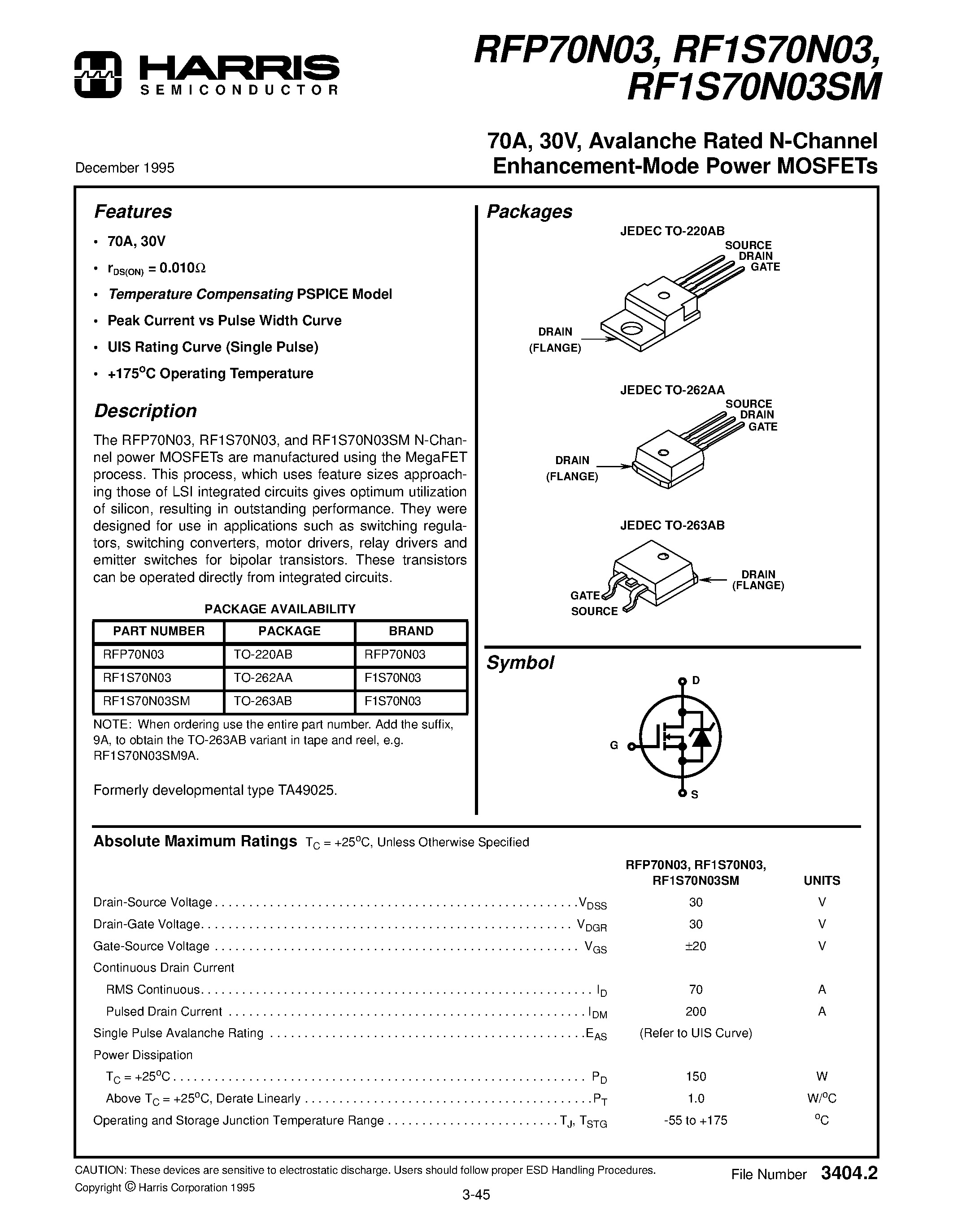 Datasheet RF1S70N03SM - 70A/ 30V/ Avalanche Rated N-Channel Enhancement-Mode Power MOSFETs page 1
