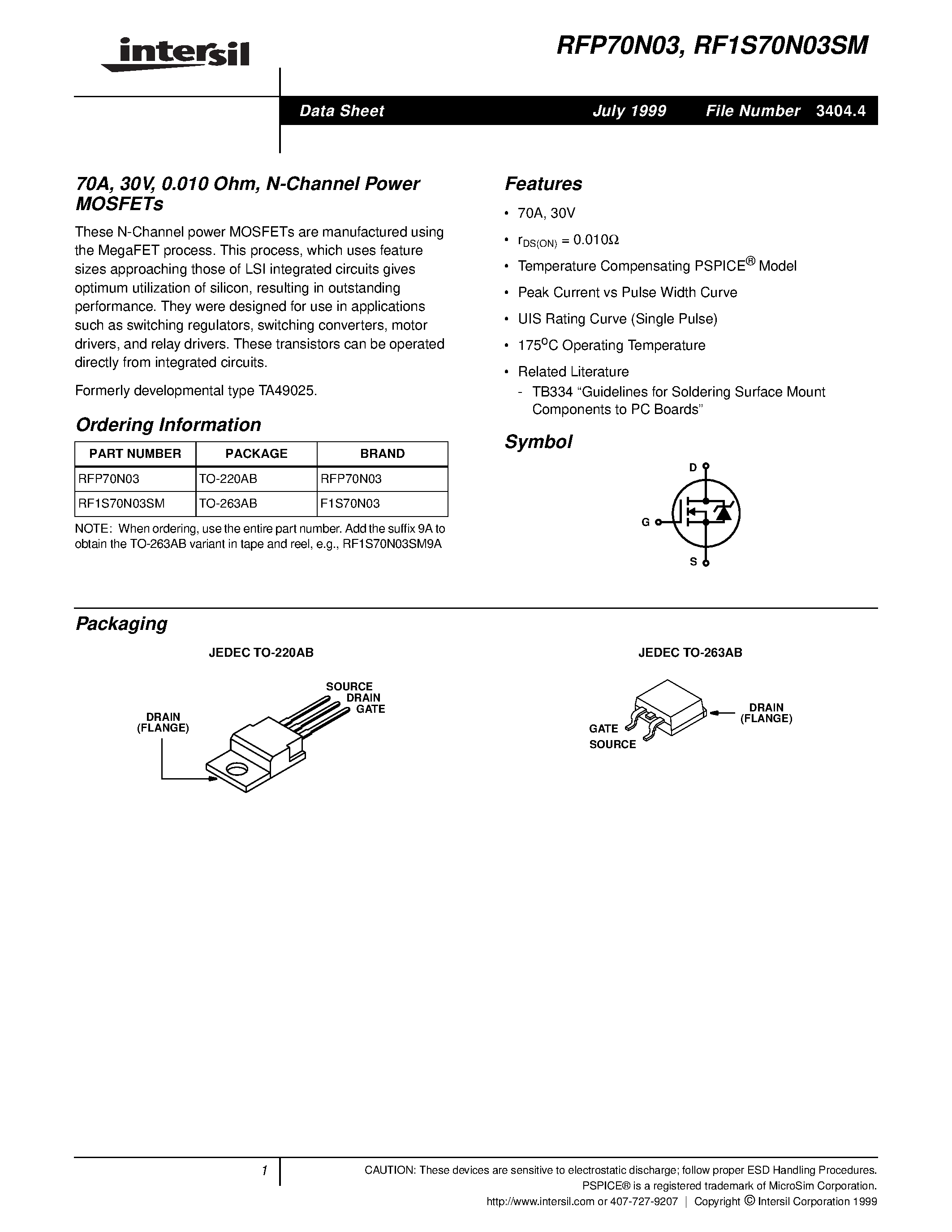 Datasheet RF1S70N03SM - 70A/ 30V/ 0.010 Ohm/ N-Channel Power MOSFETs page 1