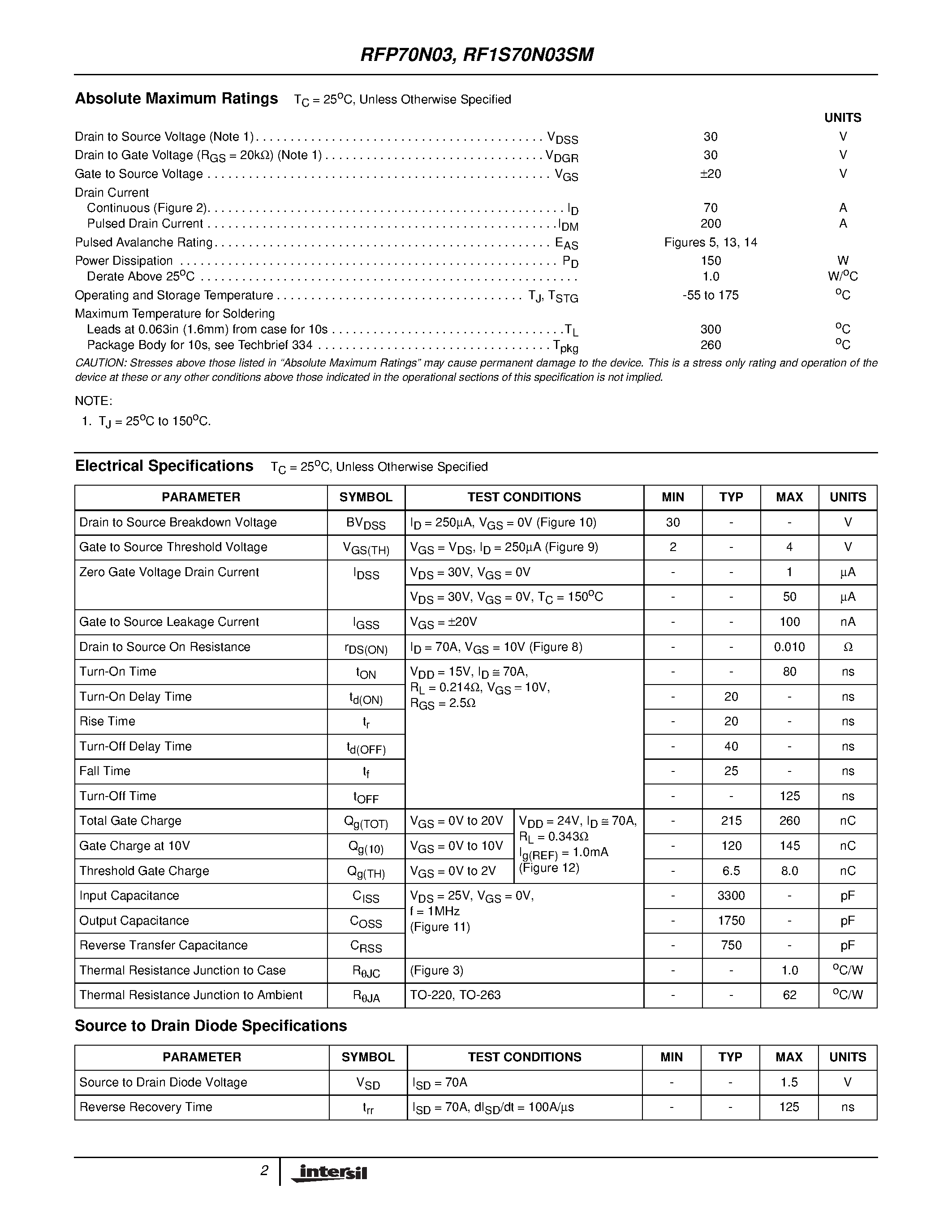 Datasheet RF1S70N03SM - 70A/ 30V/ 0.010 Ohm/ N-Channel Power MOSFETs page 2