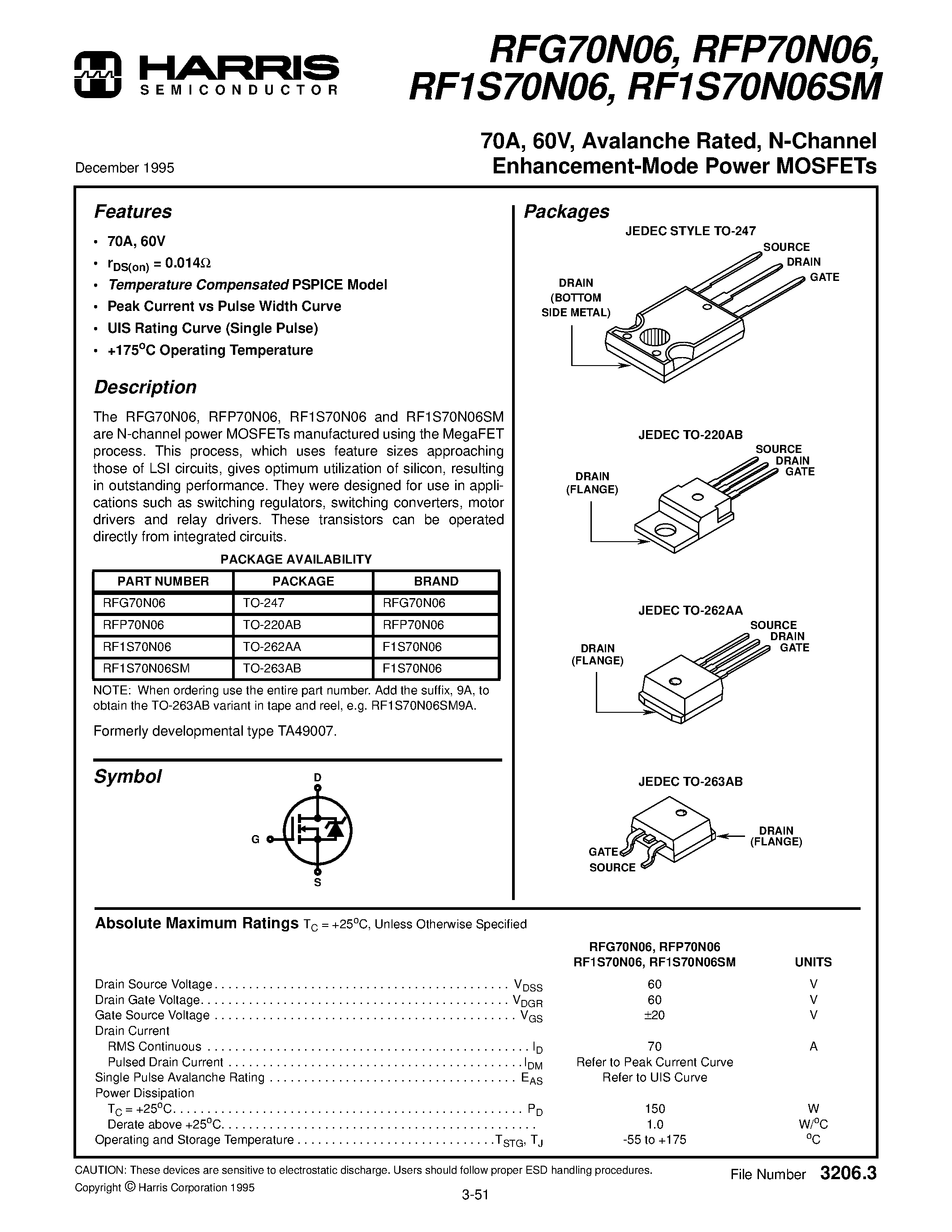 Datasheet RF1S70N06 - 70A/ 60V/ Avalanche Rated/ N-Channel Enhancement-Mode Power MOSFETs page 1