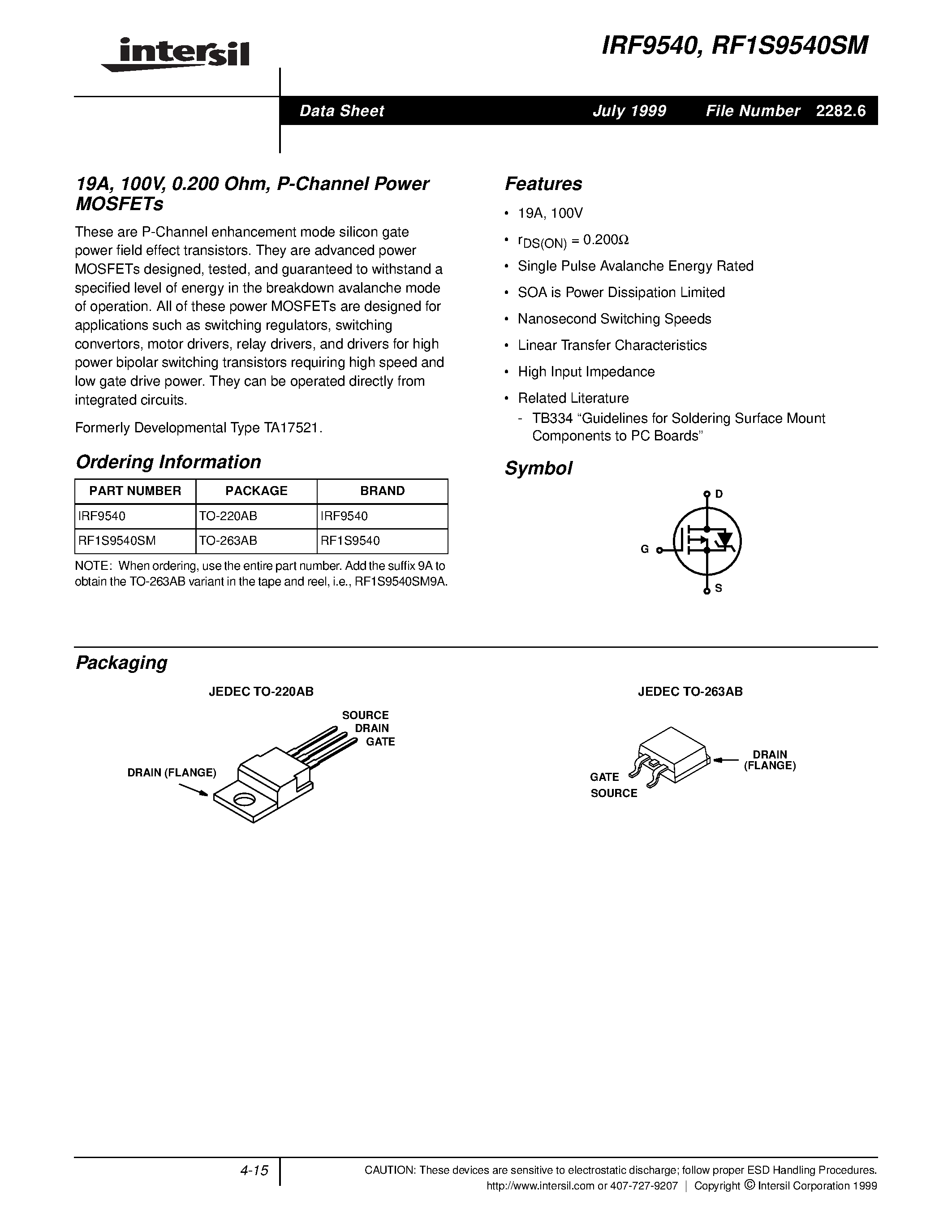 Даташит RF1S9540SM - 19A/ 100V/ 0.200 Ohm/ P-Channel Power MOSFETs страница 1
