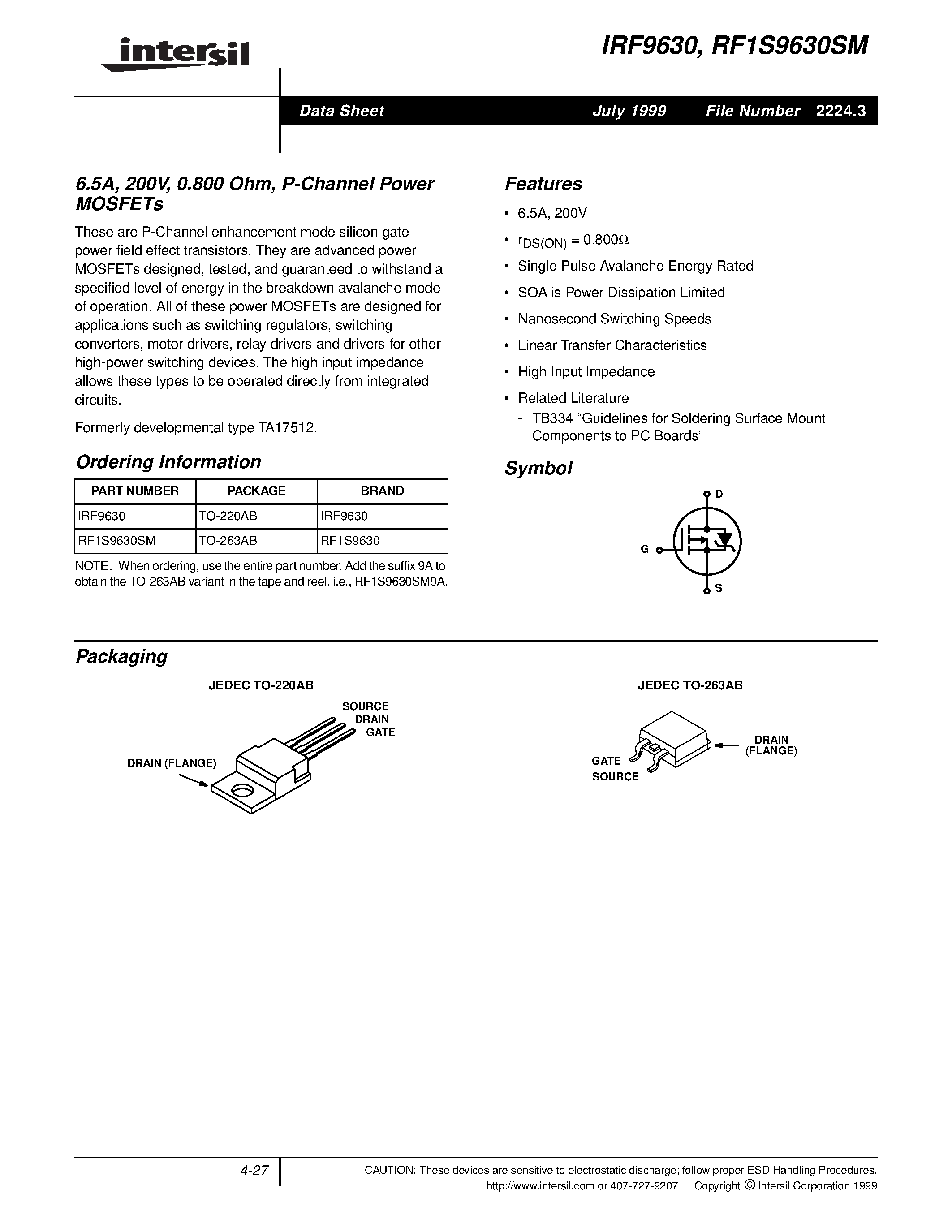 Datasheet RF1S9630SM - 6.5A/ 200V/ 0.800 Ohm/ P-Channel Power MOSFETs page 1