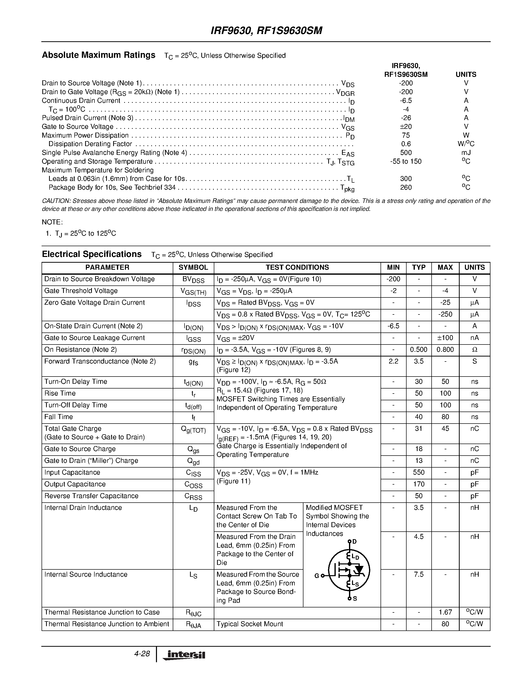 Datasheet RF1S9630SM - 6.5A/ 200V/ 0.800 Ohm/ P-Channel Power MOSFETs page 2