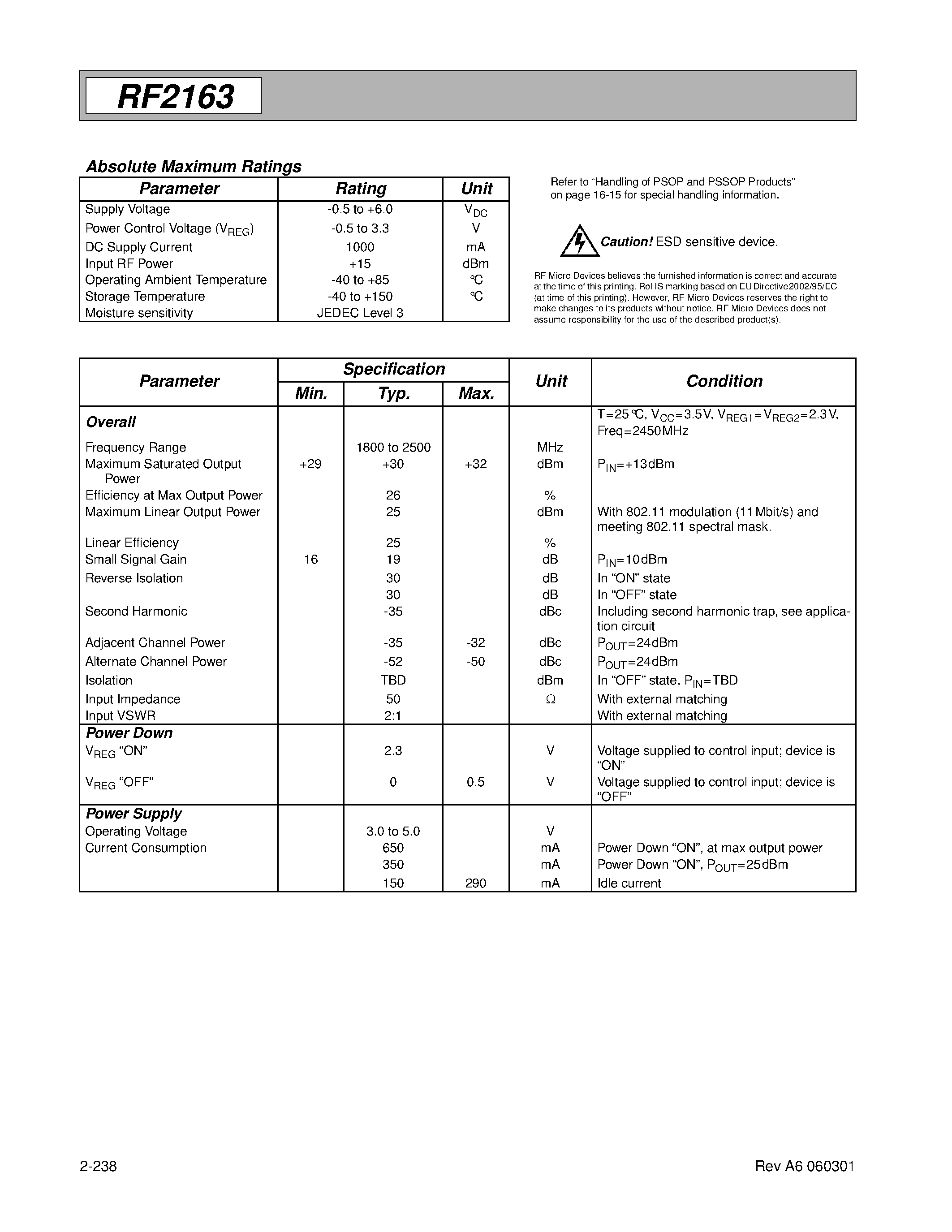 Datasheet RF2163 - 3V/ 2.5GHZ LINEAR POWER AMPLIFIER page 2