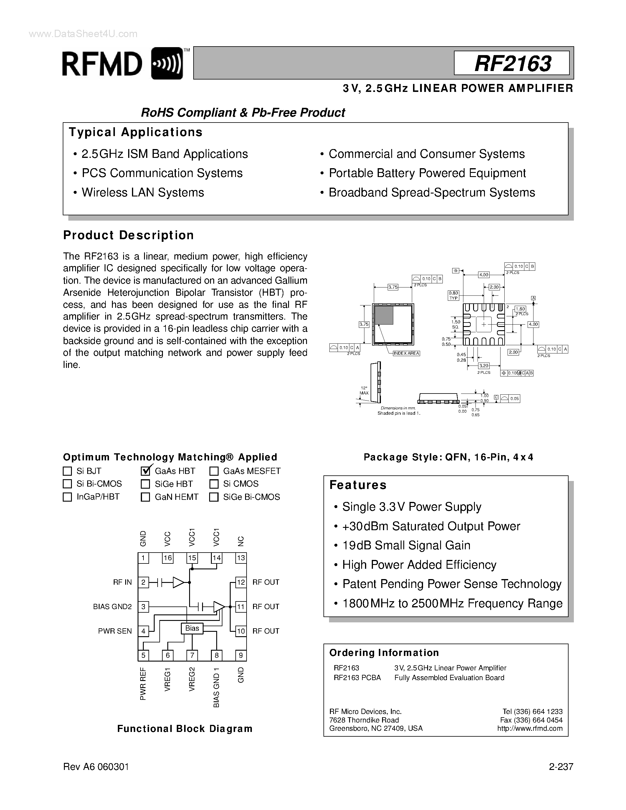 Datasheet RF2163PCBA - 3V/ 2.5GHZ LINEAR POWER AMPLIFIER page 1