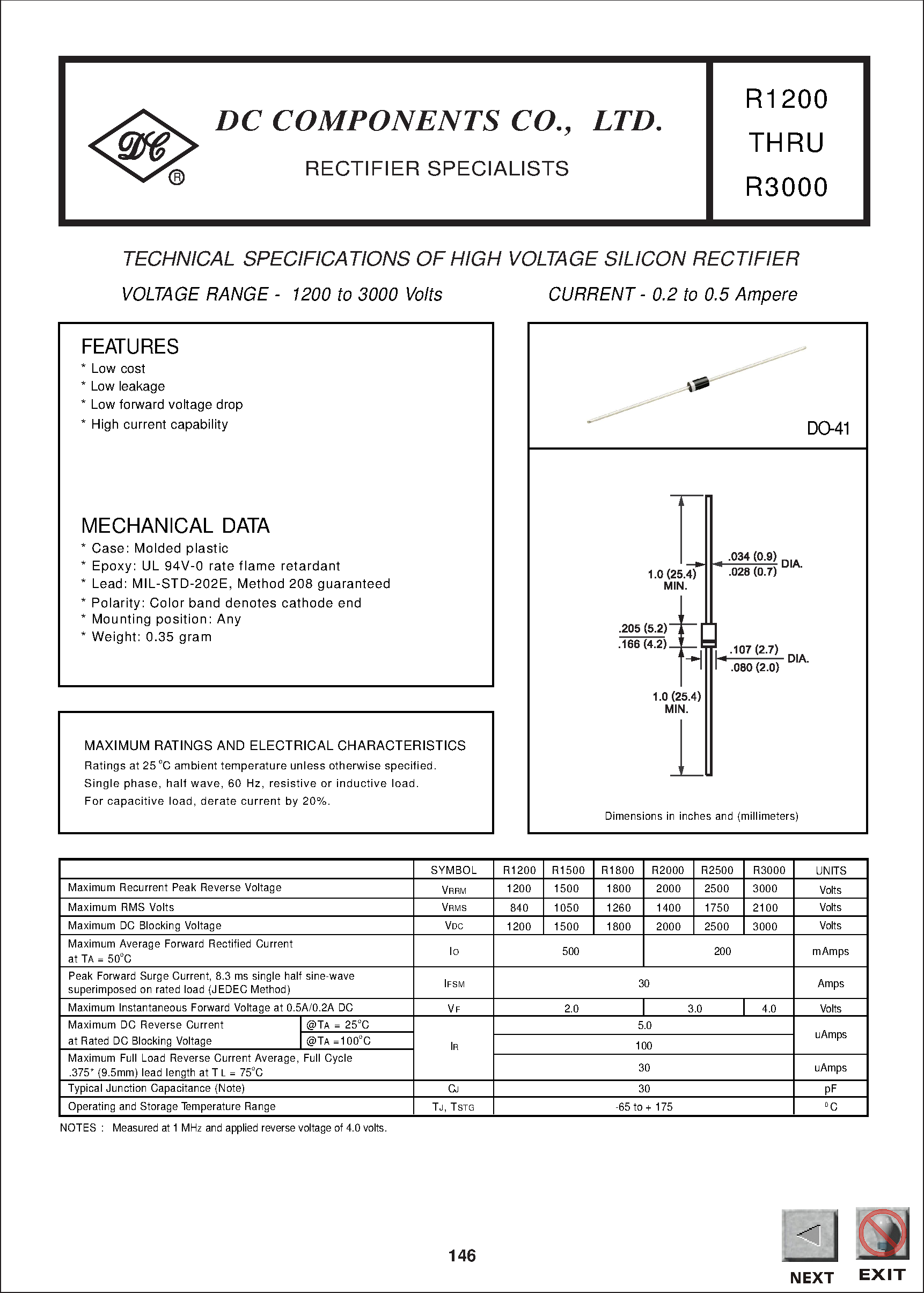 Даташит R2000 - TECHNICAL SPECIFICATIONS OF HIGH VOLTAGE SILICON RECTIFIER страница 1