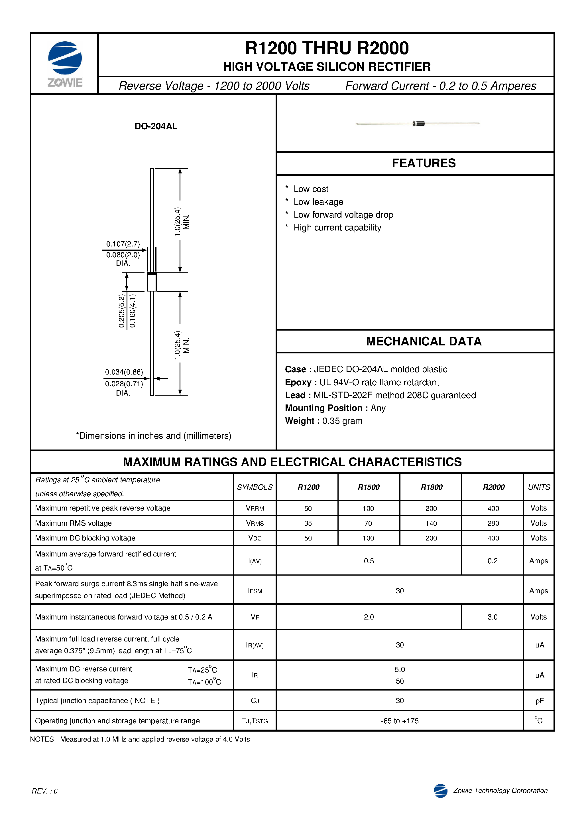 Даташит R2000 - HIGH VOLTAGE SILICON RECTIFIER страница 1
