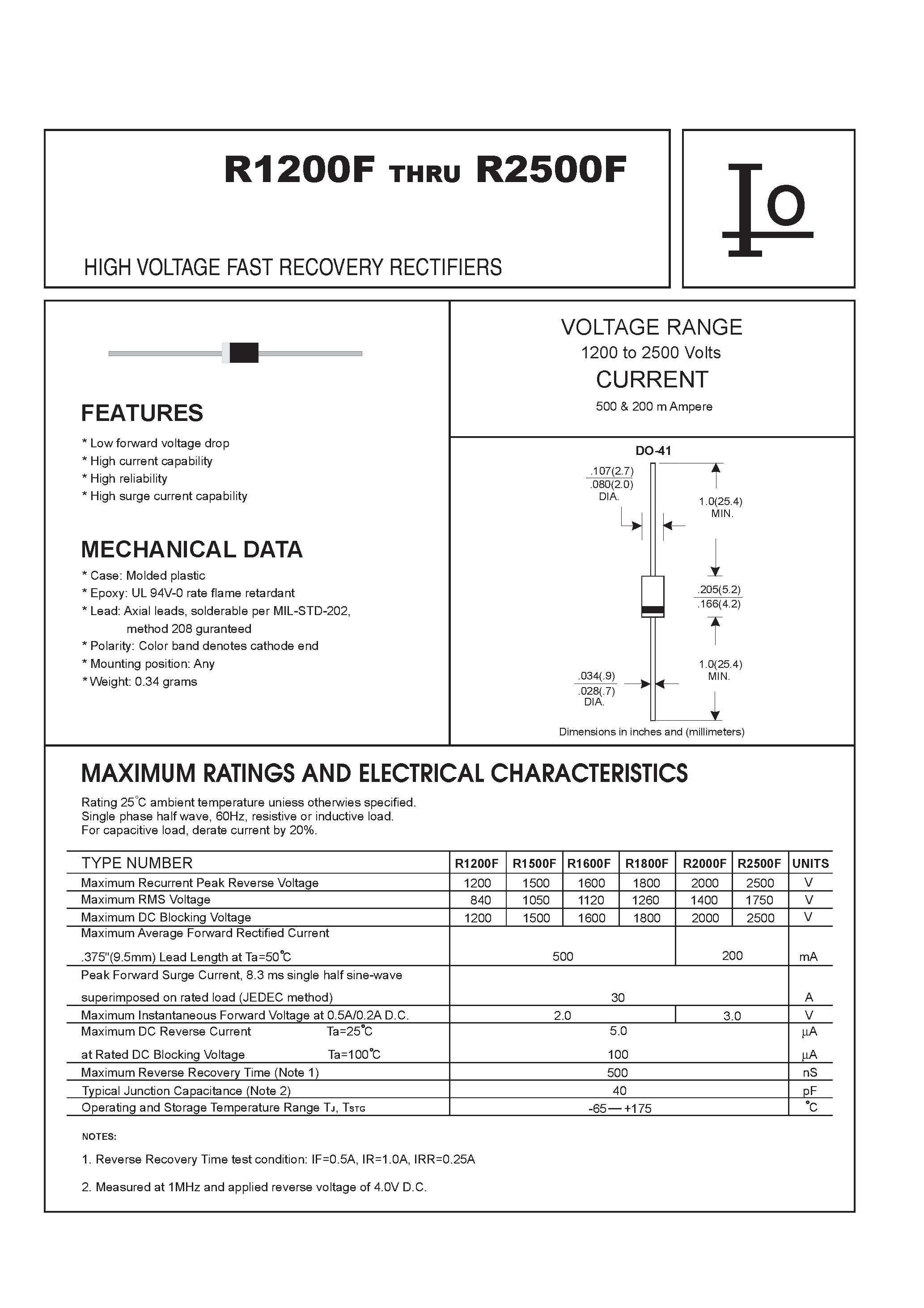 Datasheet R2000F page 1 Datasheet R2000F - HIGH VOLTAGE FAST RECOVERY RECTIFIERS page 1