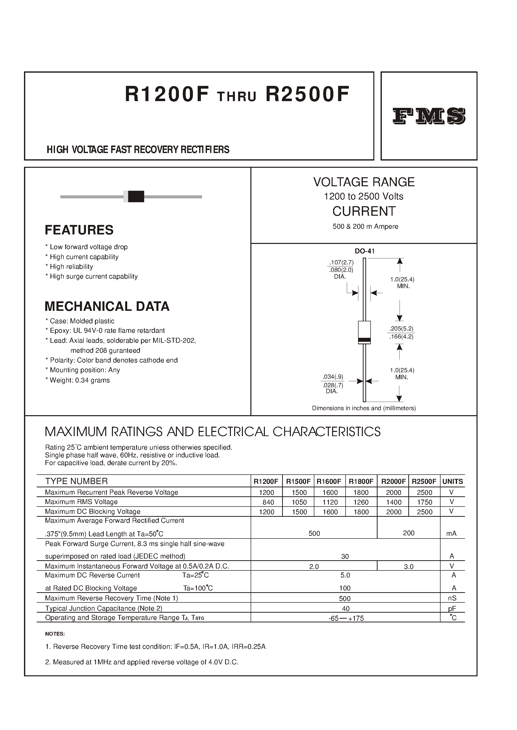 Datasheet R2000F page 1 Datasheet R2000F - HIGH VOLTAGE FAST RECOVERY RECTIFIERS page 1