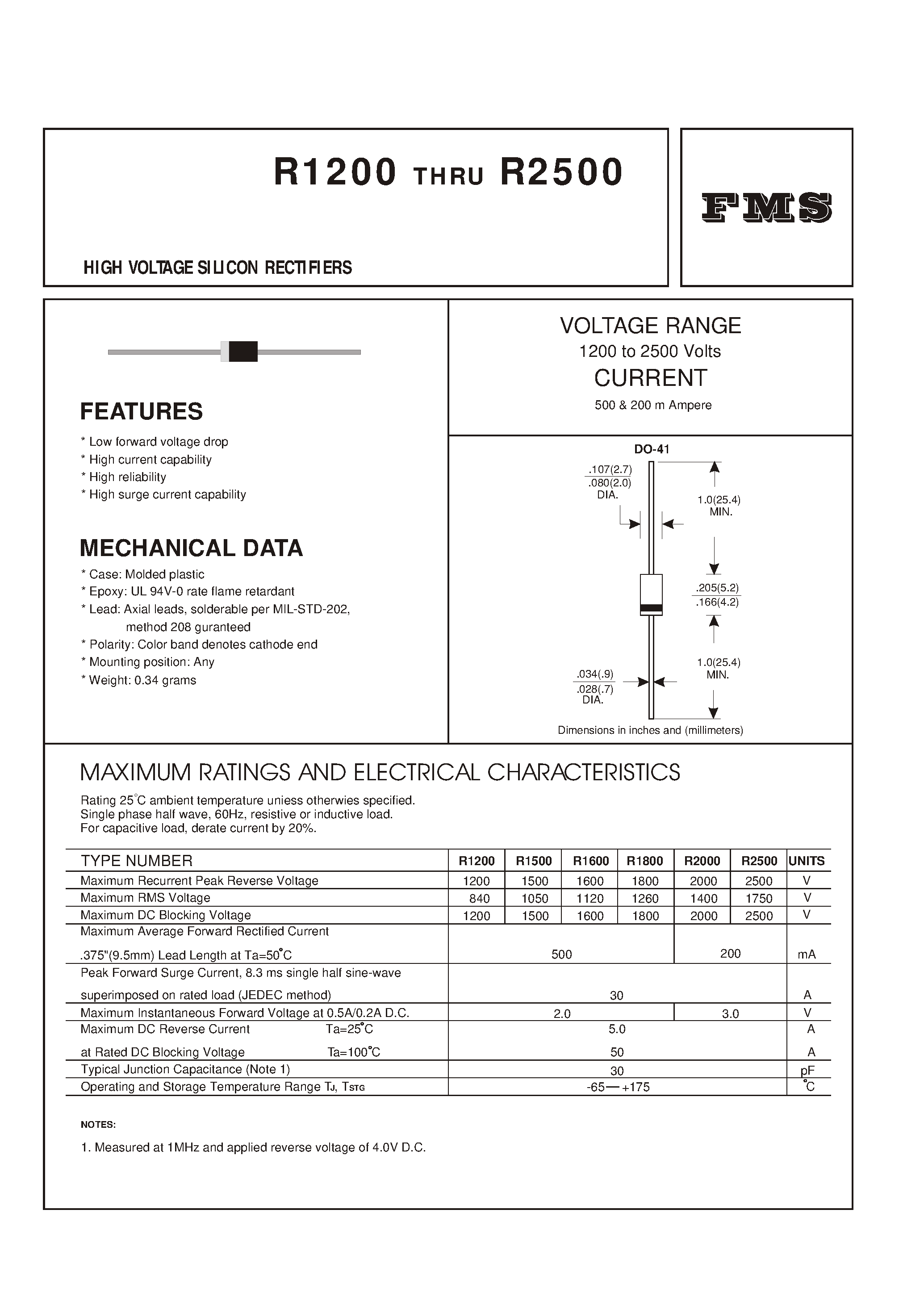Datasheet R2500 page 1 Datasheet R2500 - HIGH VOLTAGE SILICON RECTIFIERS page 1