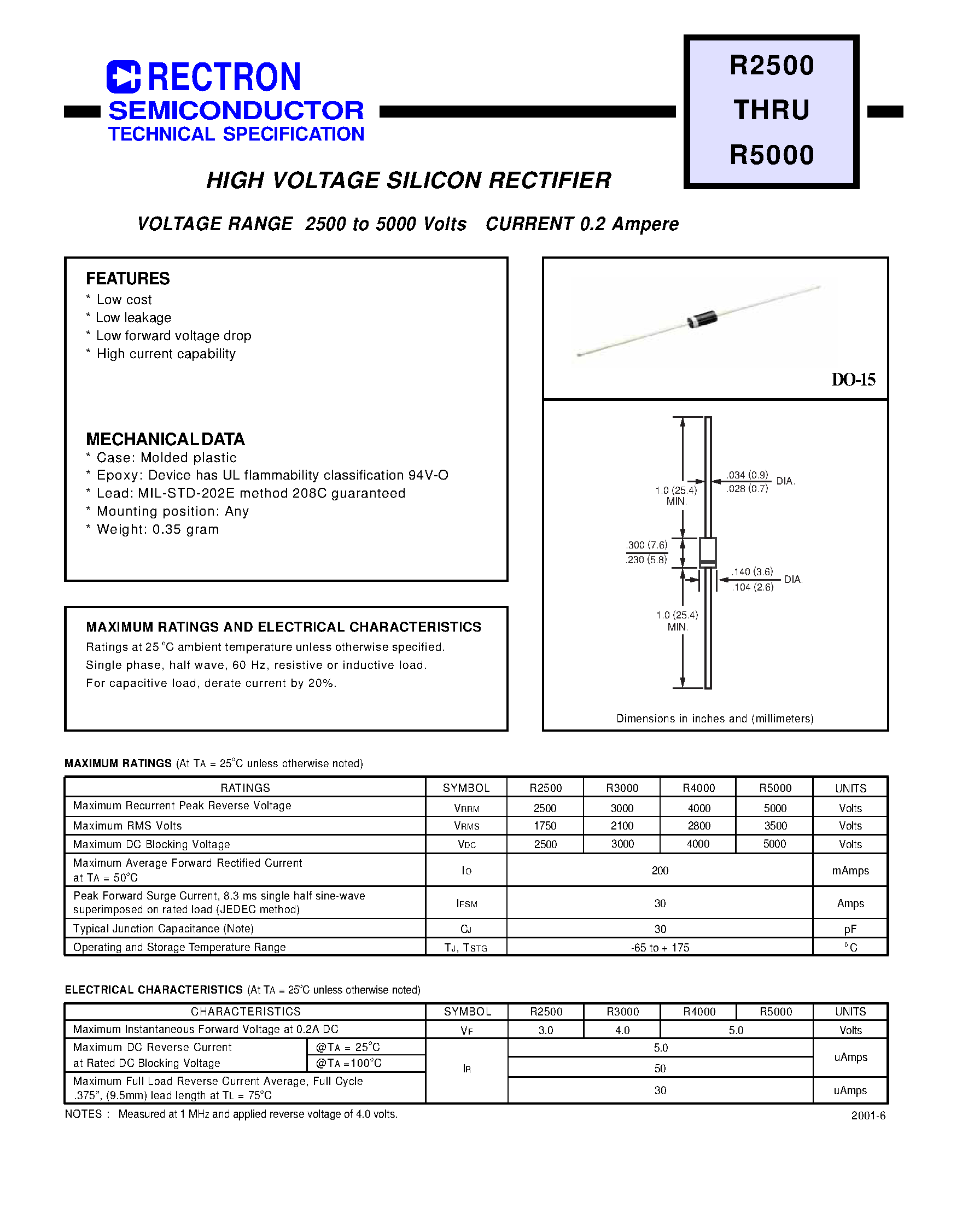 Datasheet R3000 - HIGH VOLTAGE SILICON RECTIFIER (VOLTAGE RANGE 2500 to 5000 Volts CURRENT 0.2 Ampere) page 1