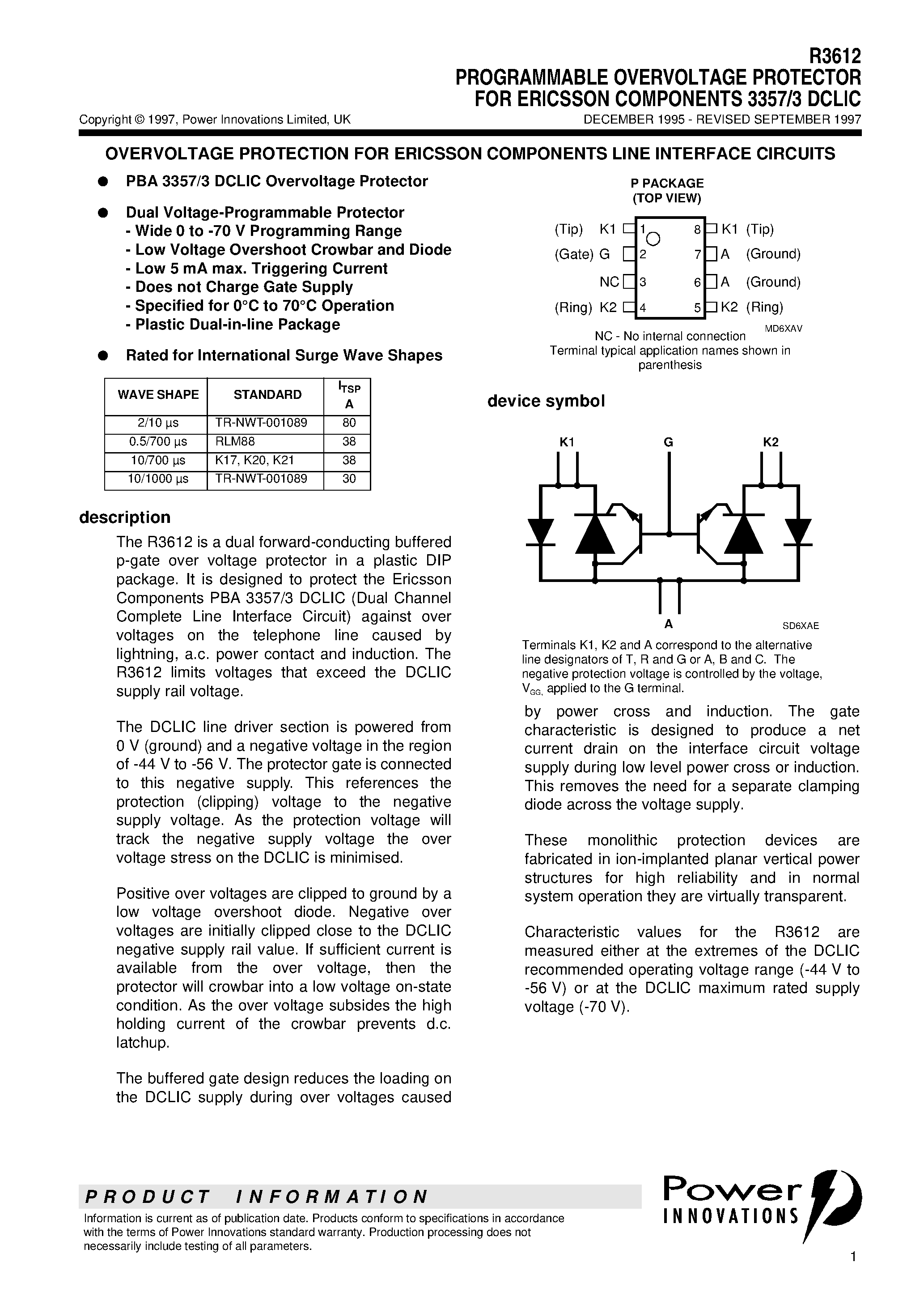 Datasheet R3612 - PROGRAMMABLE OVERVOLTAGE PROTECTOR FOR ERICSSON COMPONENTS 3357/3 DCLIC page 1