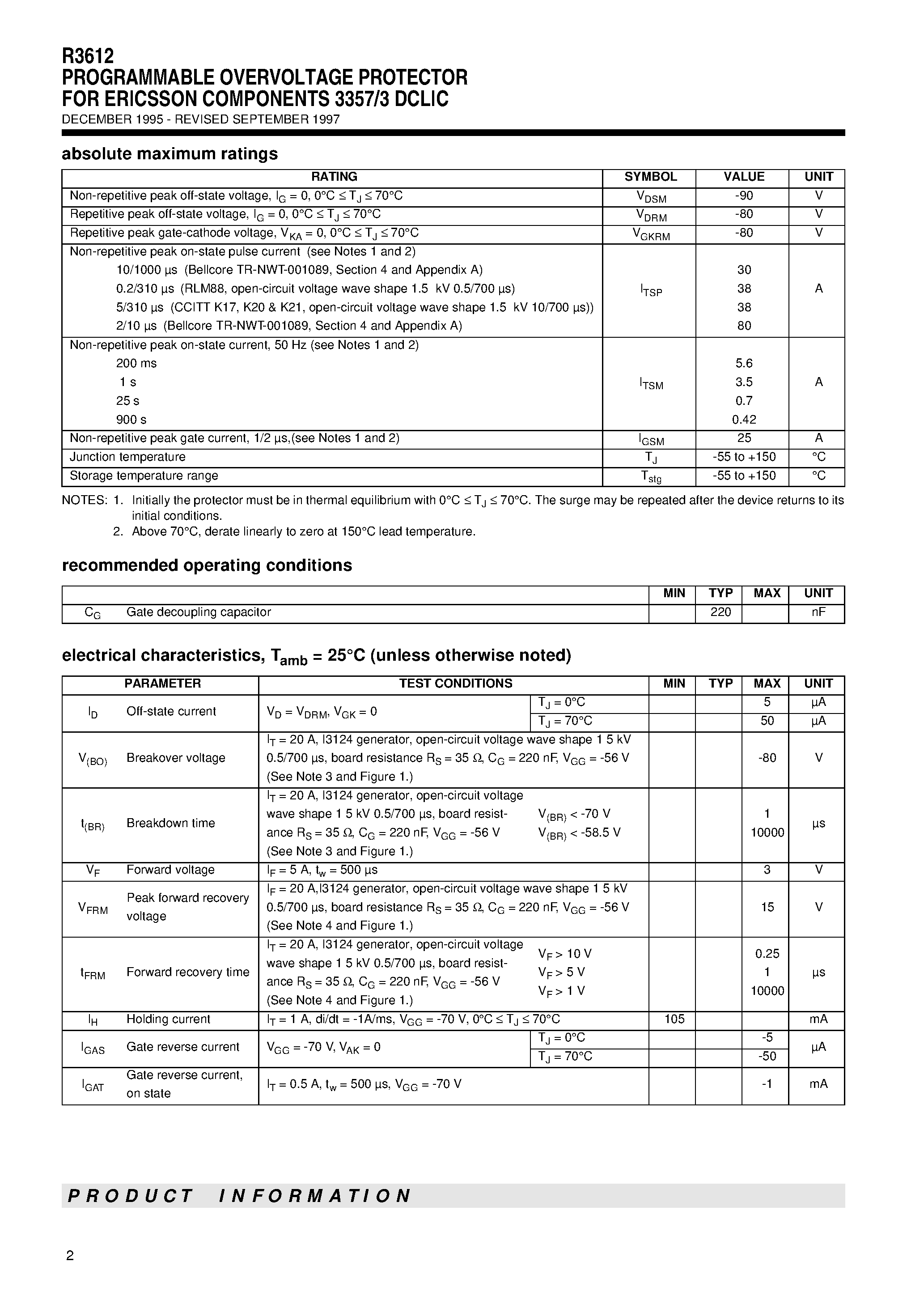 Datasheet R3612 - PROGRAMMABLE OVERVOLTAGE PROTECTOR FOR ERICSSON COMPONENTS 3357/3 DCLIC page 2