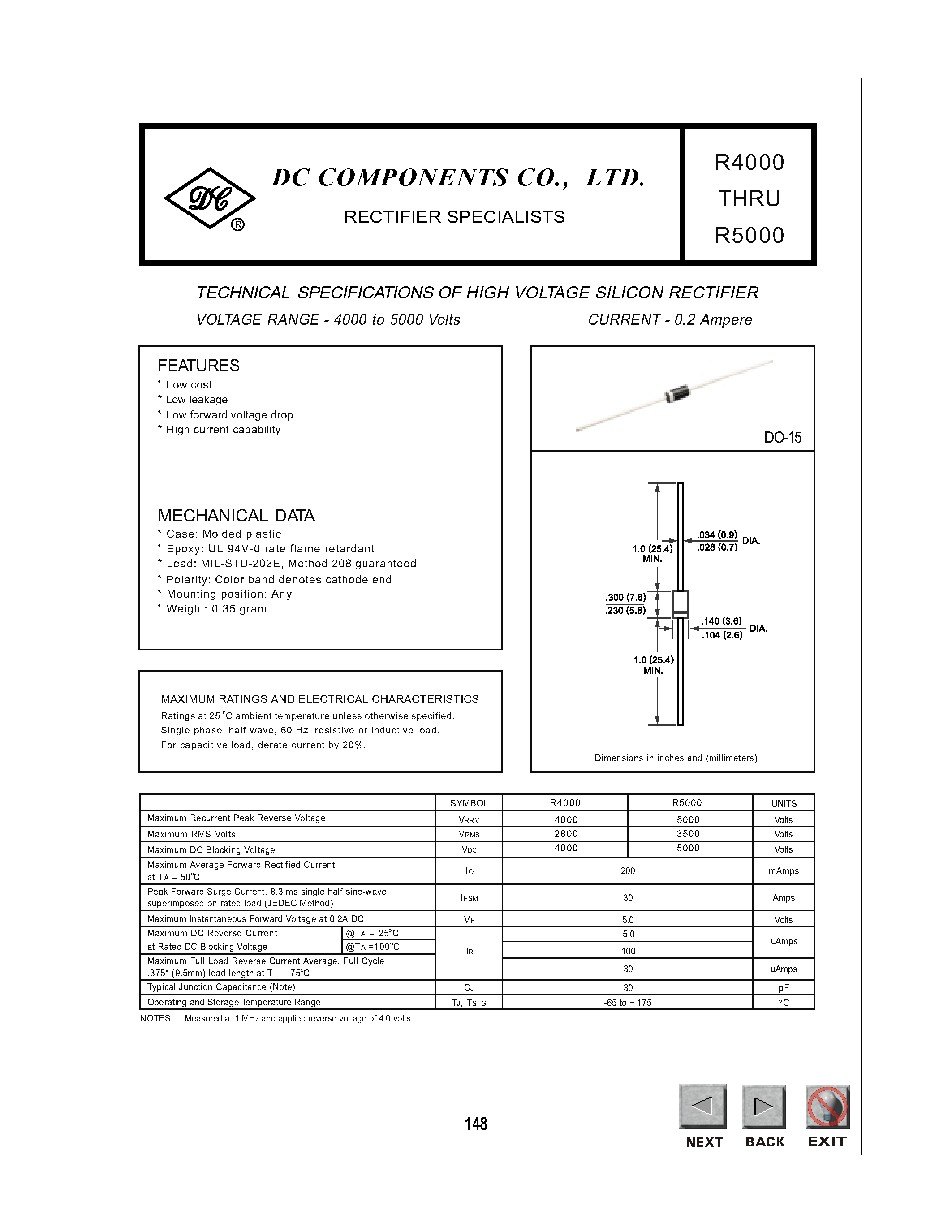 Datasheet R4000 - HIGH VOLTAGE SILICON RECTIFIER(4000 to 5000 Volts/ 0.2 Ampere) page 1