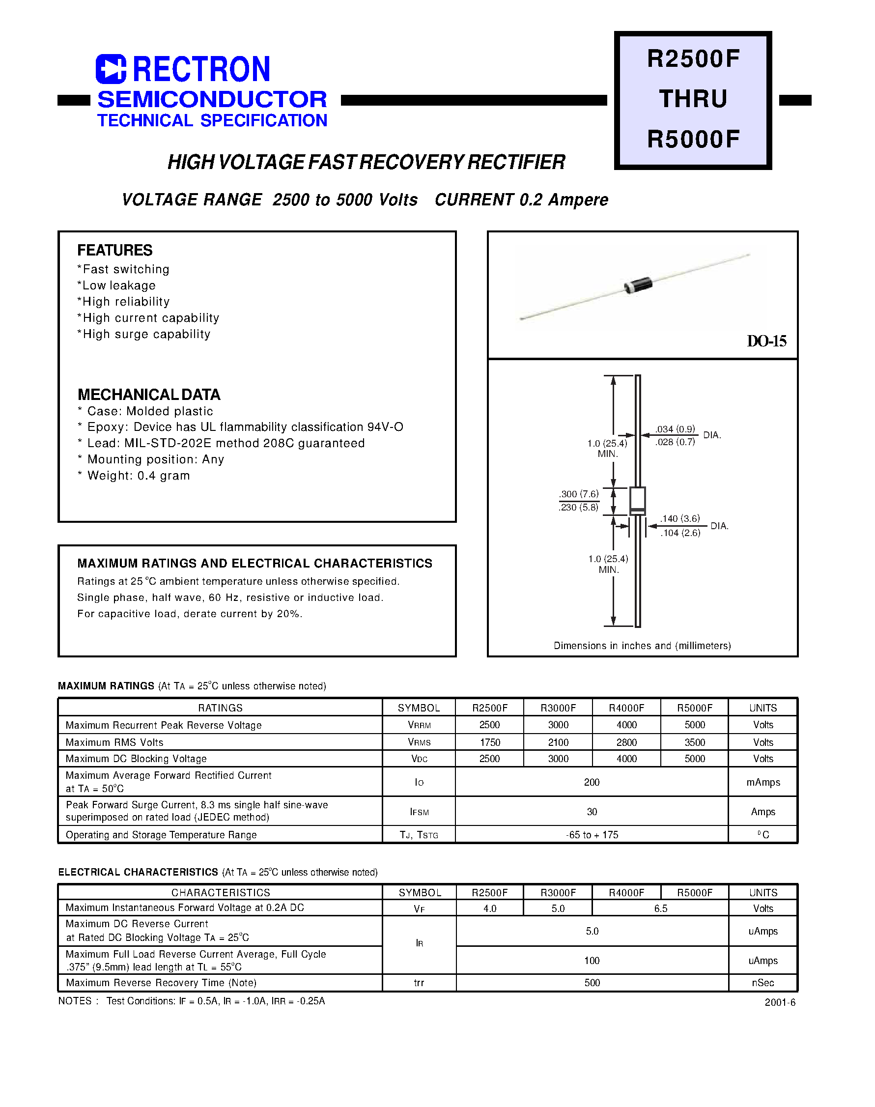 Datasheet R4000F - HIGH VOLTAGE FAST RECOVERY RECTIFIER (VOLTAGE RANGE 2500 to 5000 Volts CURRENT 0.2 Ampere) page 1