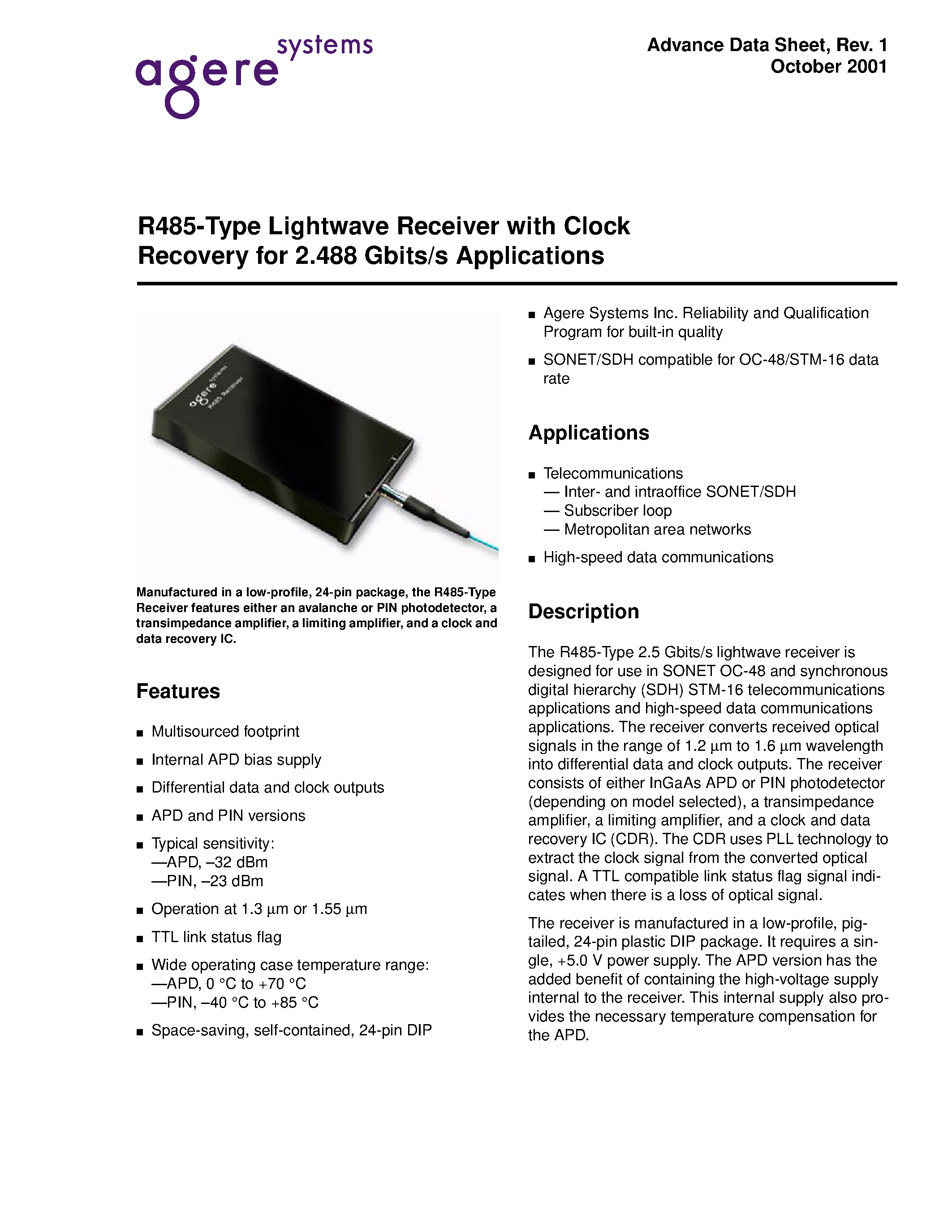 Datasheet R485 page 1 Datasheet R485 - R485-Type Lightwave Receiver with Clock Recovery for 2.488 Gbits/s Applications page 1