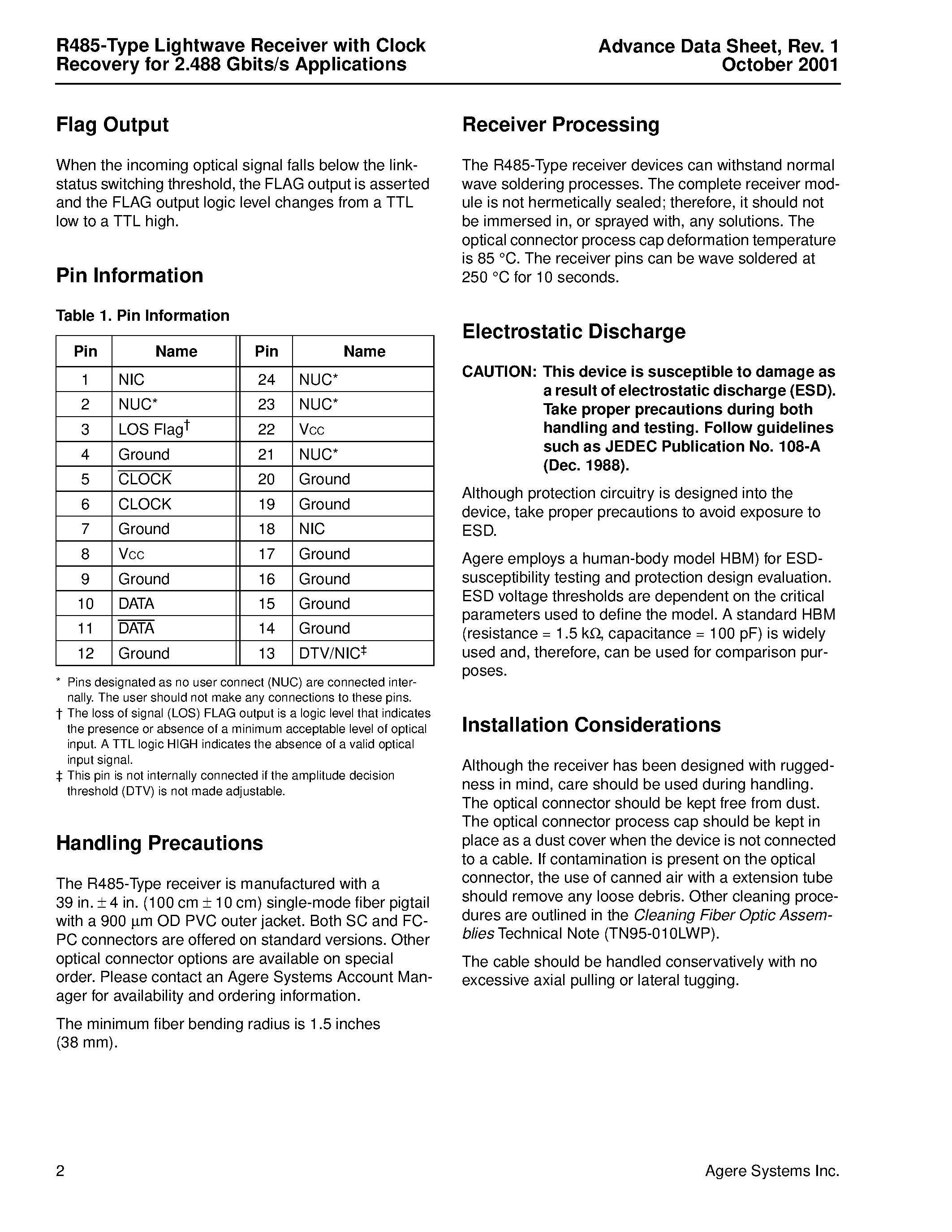 Datasheet R485JPBB - R485-Type Lightwave Receiver with Clock Recovery for 2.488 Gbits/s Applications page 2