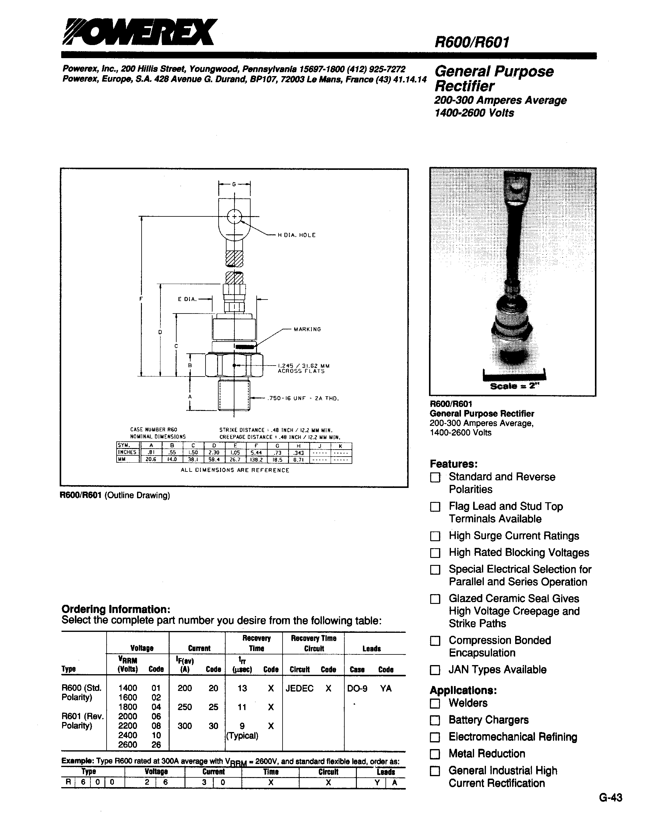 Даташит R5000130 - General Purpose Rectifier (200-300 Amperes Average 1400-2600 Volts) страница 1