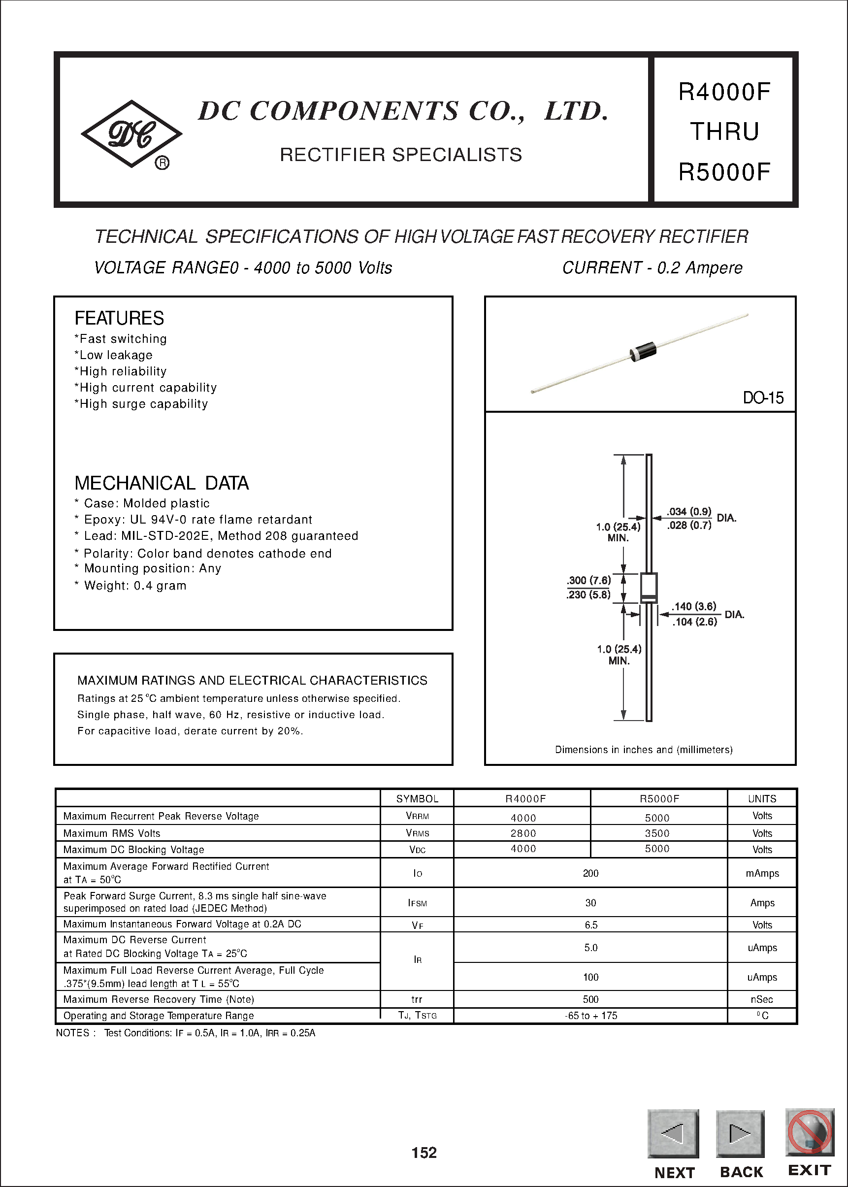 Даташит R5000F - TECHNICAL SPECIFICATIONS OF HIGH VOLTAGE FAST RECOVERY RECTIFIER страница 1