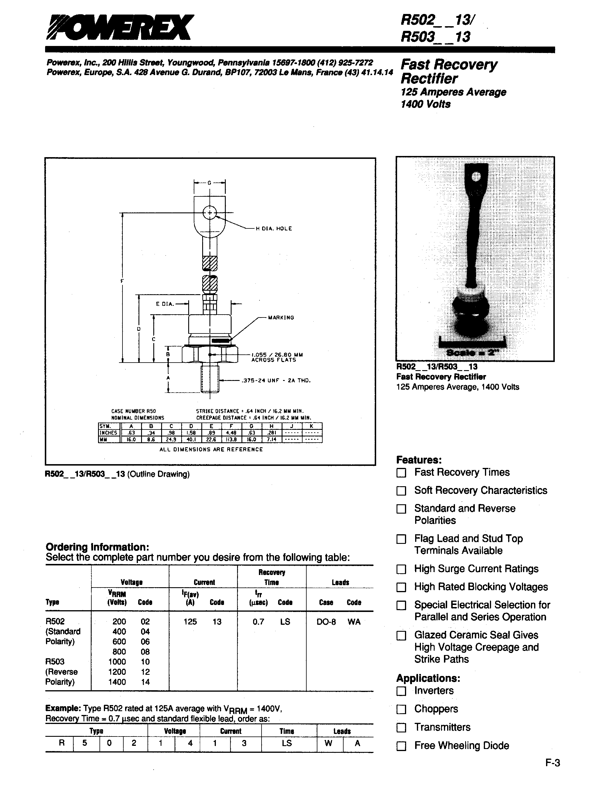 Даташит R5020213 - Fast Recovery Rectifier (125 Amperes Average 1400 Volts) страница 1
