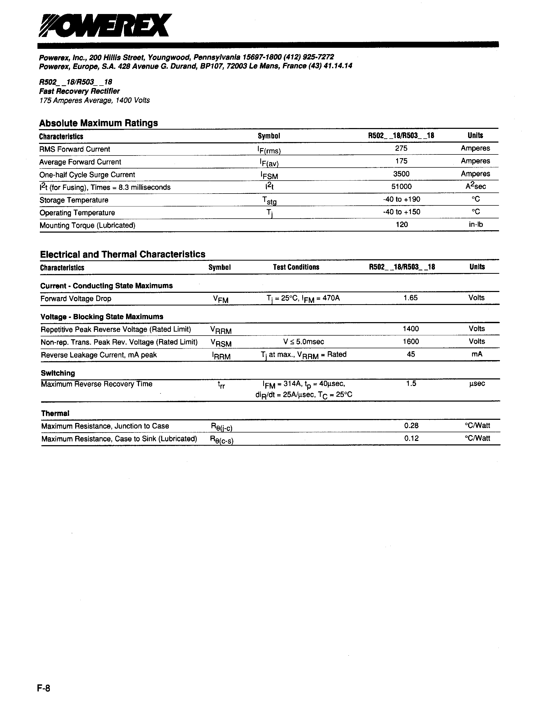 Даташит R5020418 - Fast Recovery Rectifier (175 Amperes Average 1400 Volts) страница 2