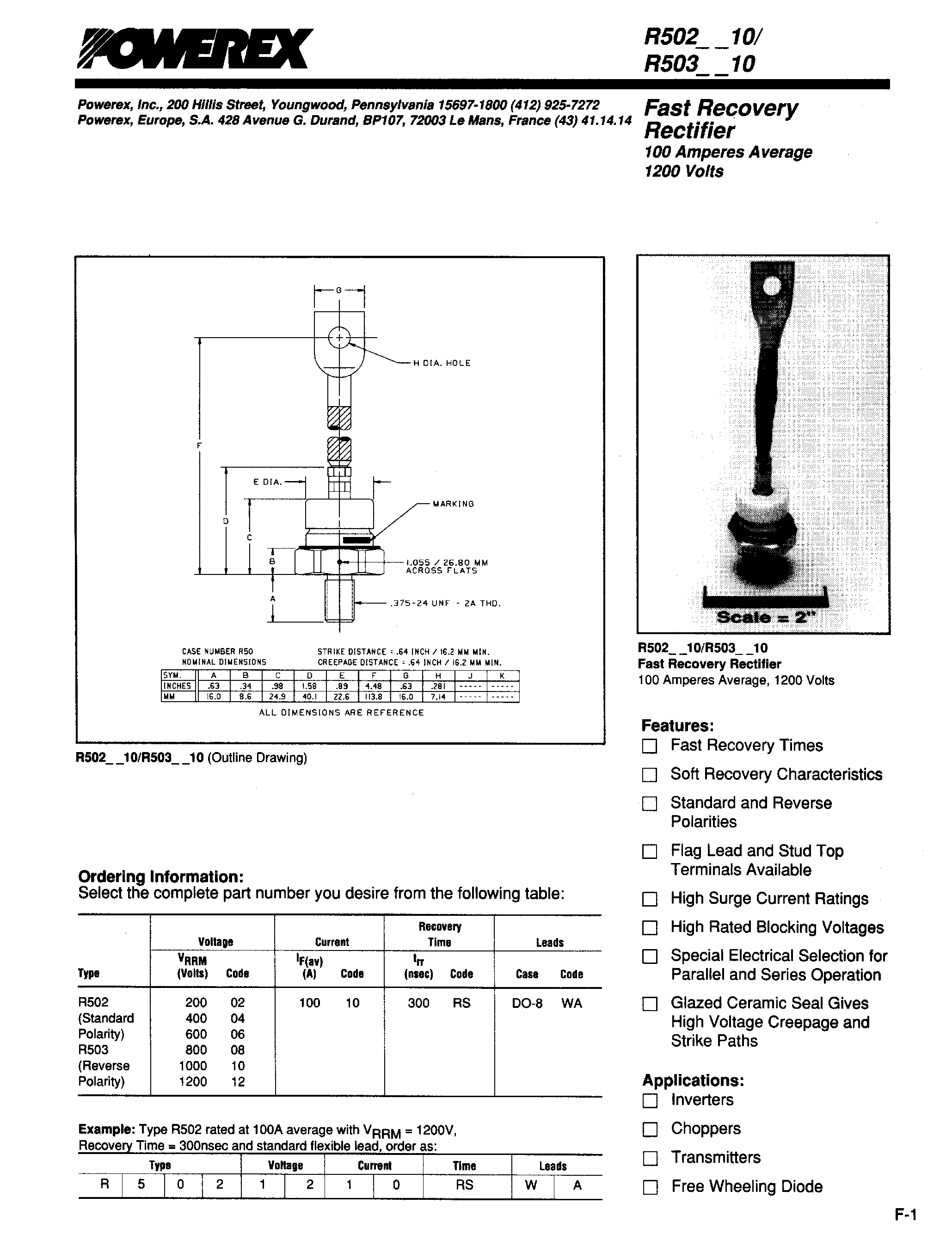 Даташит R5030210 - Fast Recovery Rectifier (100 Amperes Average 1200 Volts) страница 1