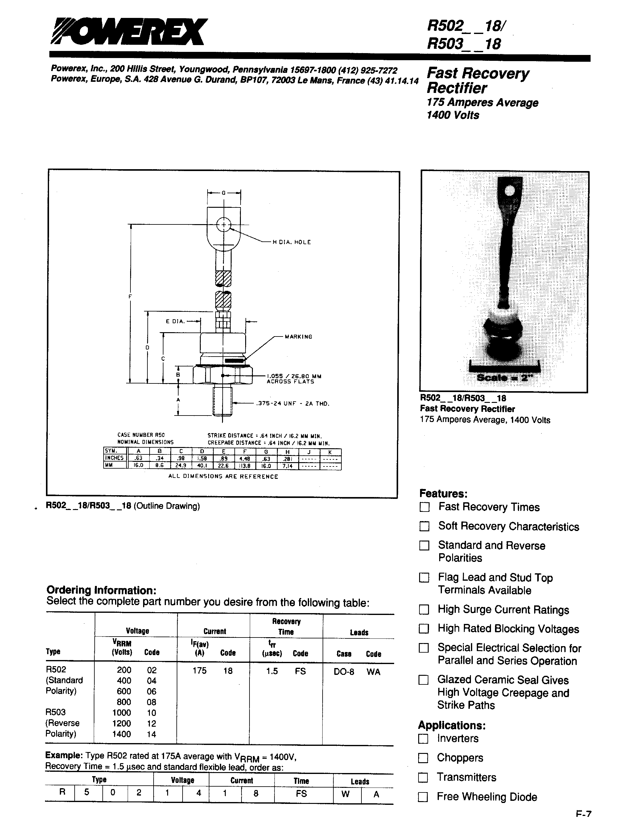 Даташит R5030218 - Fast Recovery Rectifier (175 Amperes Average 1400 Volts) страница 1