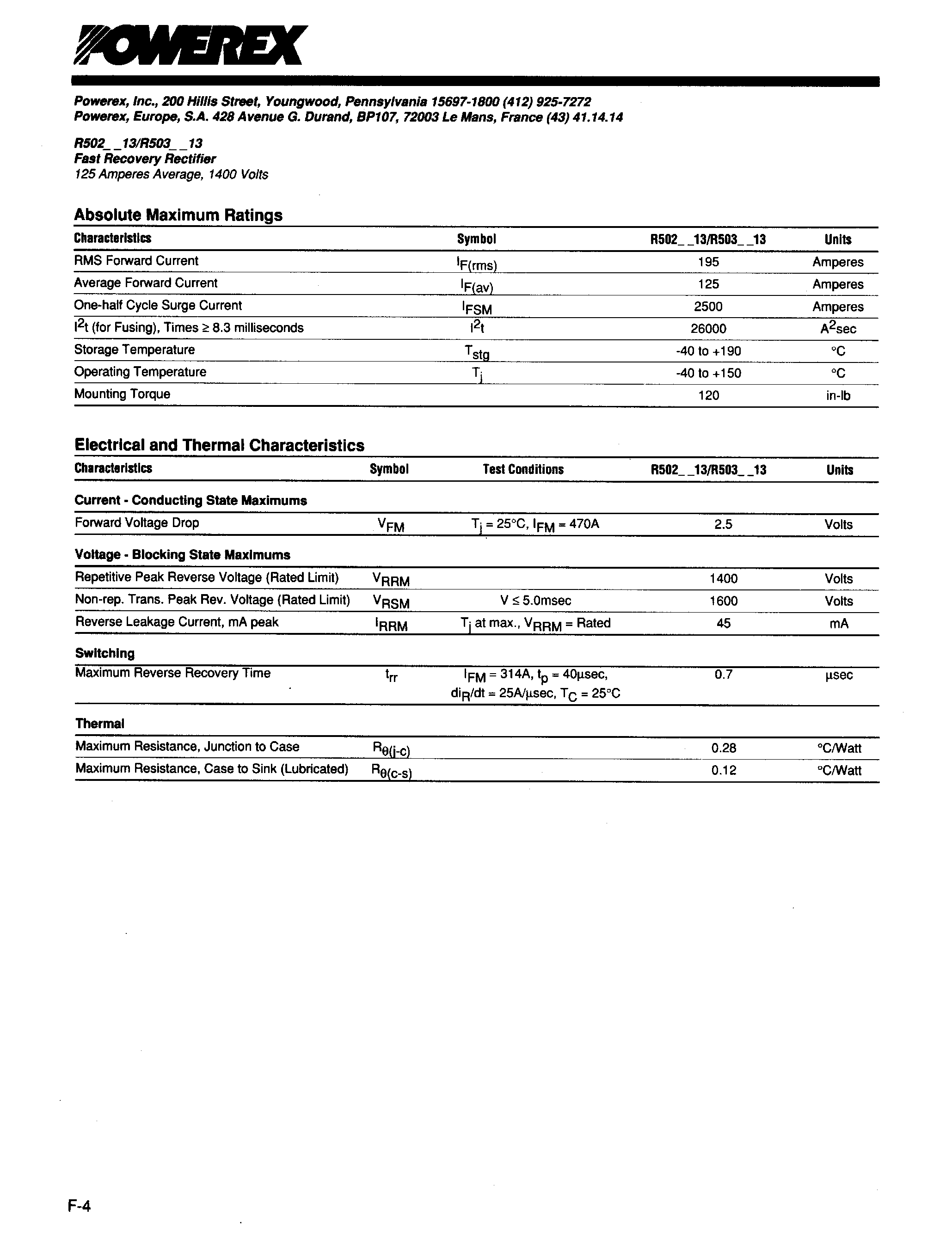 Даташит R5031013 - Fast Recovery Rectifier (125 Amperes Average 1400 Volts) страница 2