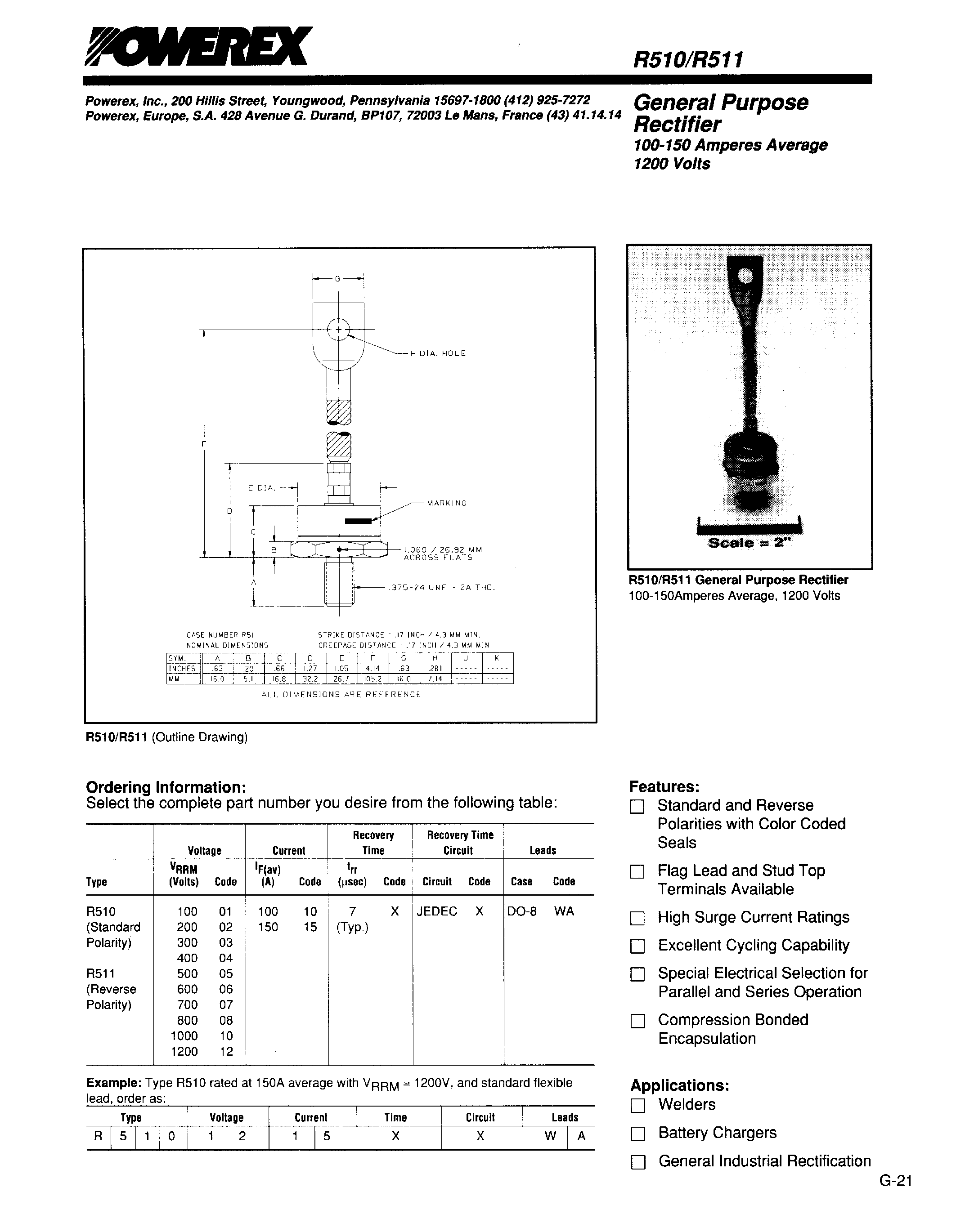 Даташит R5100410 - General Purpose Rectifier (100-150 Amperes Average 1200 Volts) страница 1