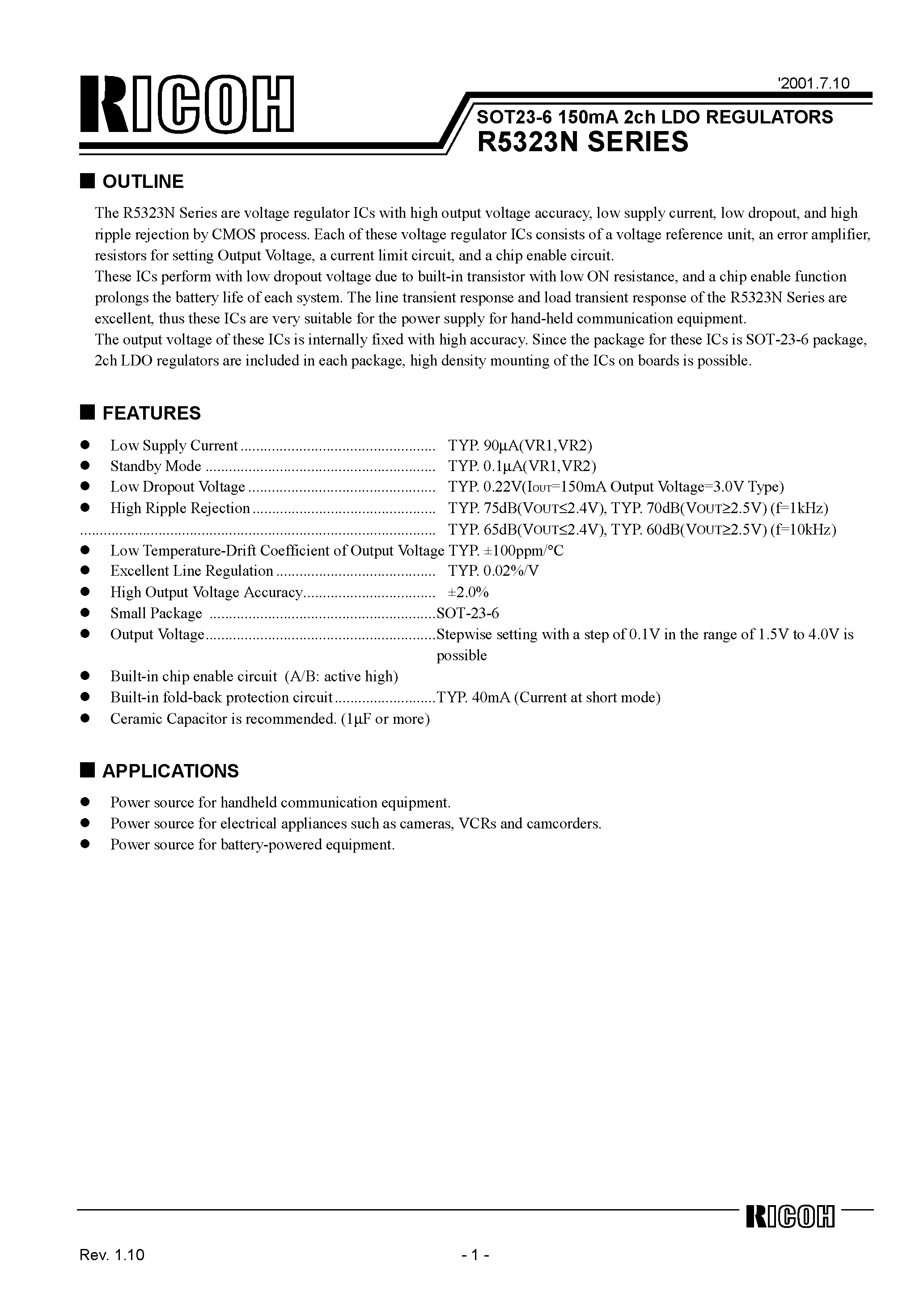 Datasheet R5323N001B - SOT23-6 150mA 2ch LDO REGULATORS page 1