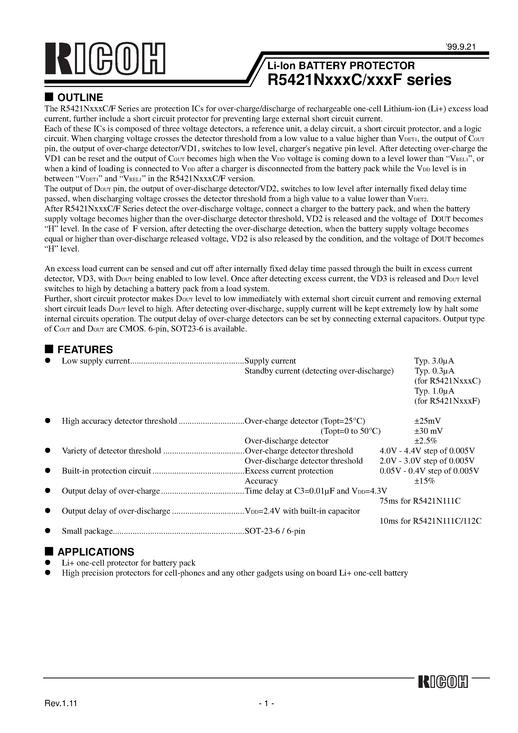 Datasheet R5421N111C-TR - Li-lon BATTERY PROTECTOR page 1