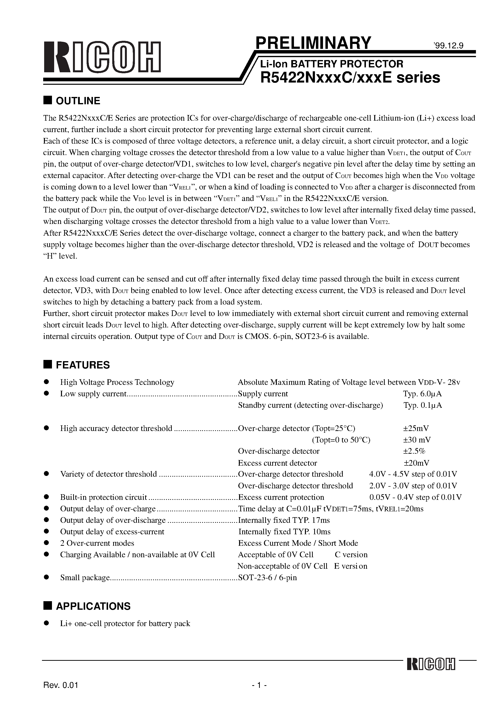 Datasheet R5422N111E - Li-lon BATTERY PROTECTOR page 1