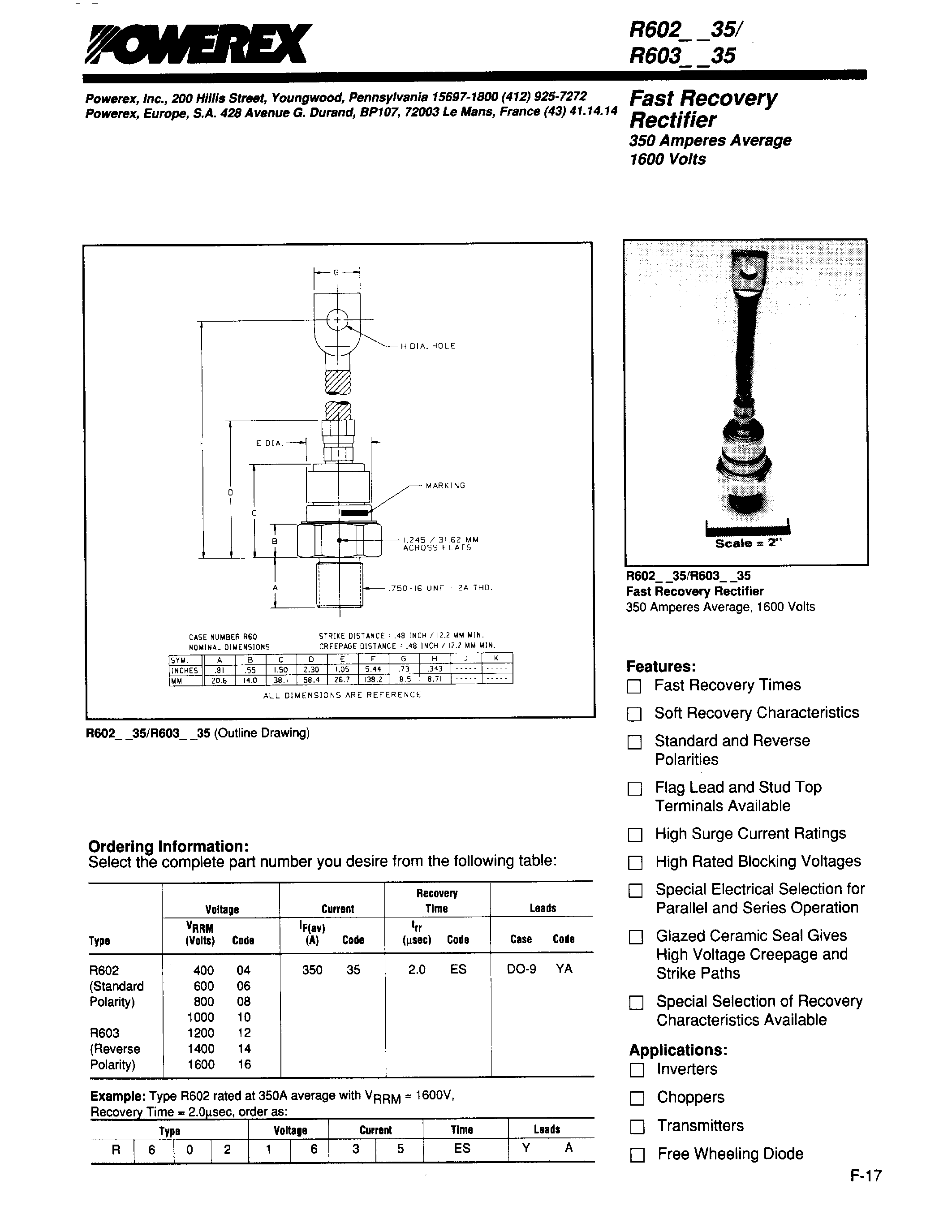 Даташит R6021235 - Fast Recovery Rectifier (350Amperes Average 1600 Volts) страница 1