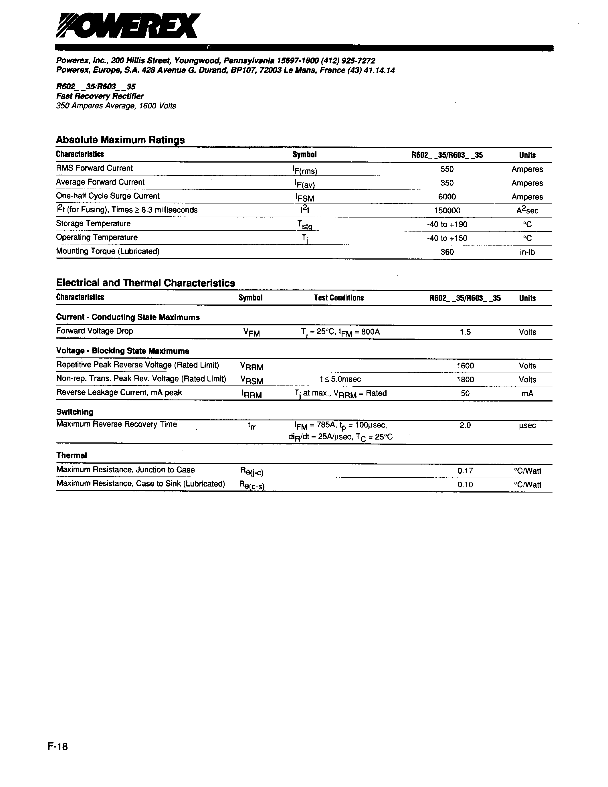 Даташит R6021435 - Fast Recovery Rectifier (350Amperes Average 1600 Volts) страница 2