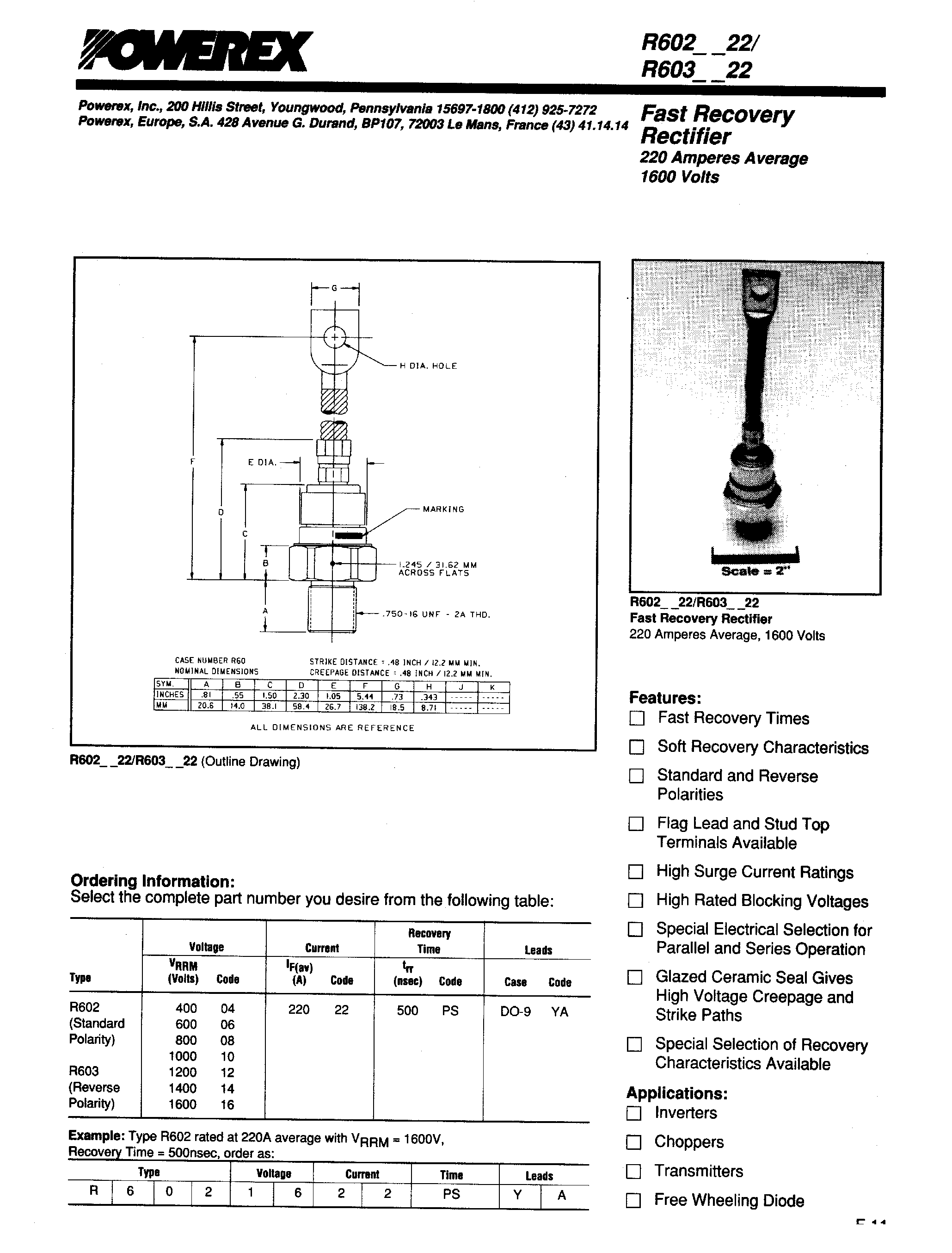 Даташит R6031422 - Fast Recovery Rectifier (220Amperes Average 1600 Volts) страница 1