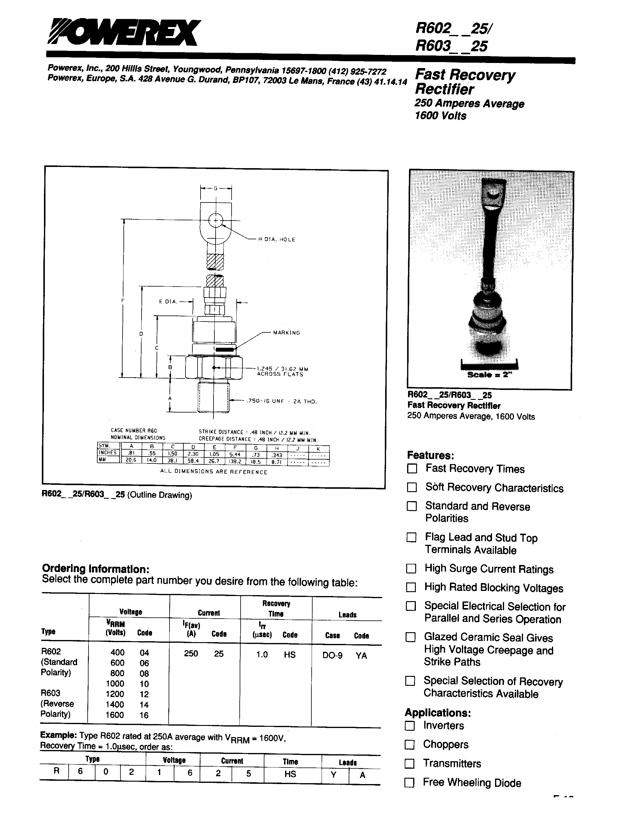 Даташит R6031625 - Fast Recovery Rectifier (250 Amperes Average 1600 Volts) страница 1